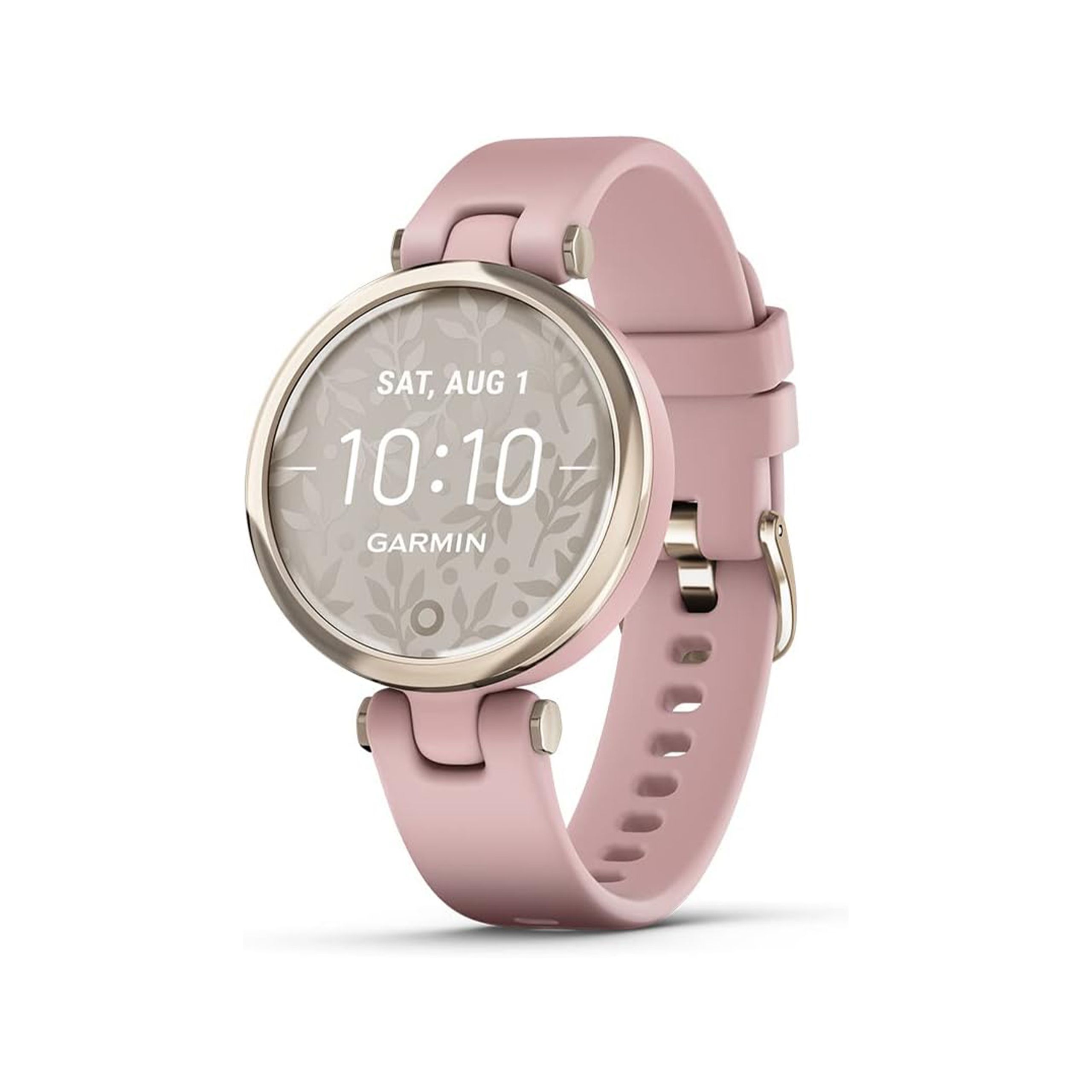 A pink Garmin Lily is placed on a white background. 