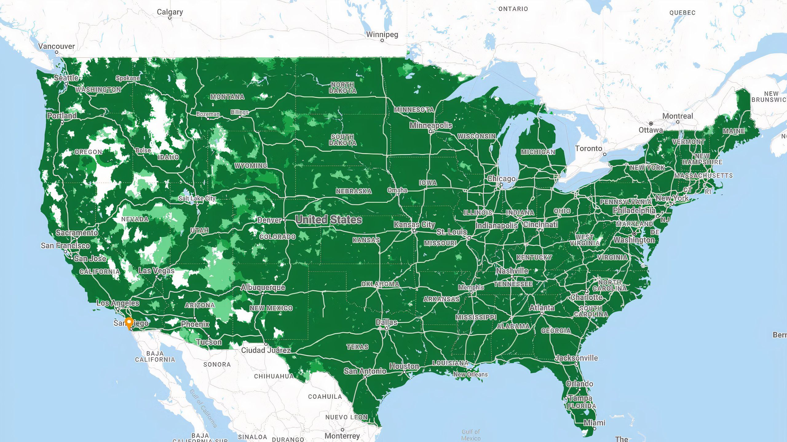 A green map of the United States showing where Google Fi offers coverage.