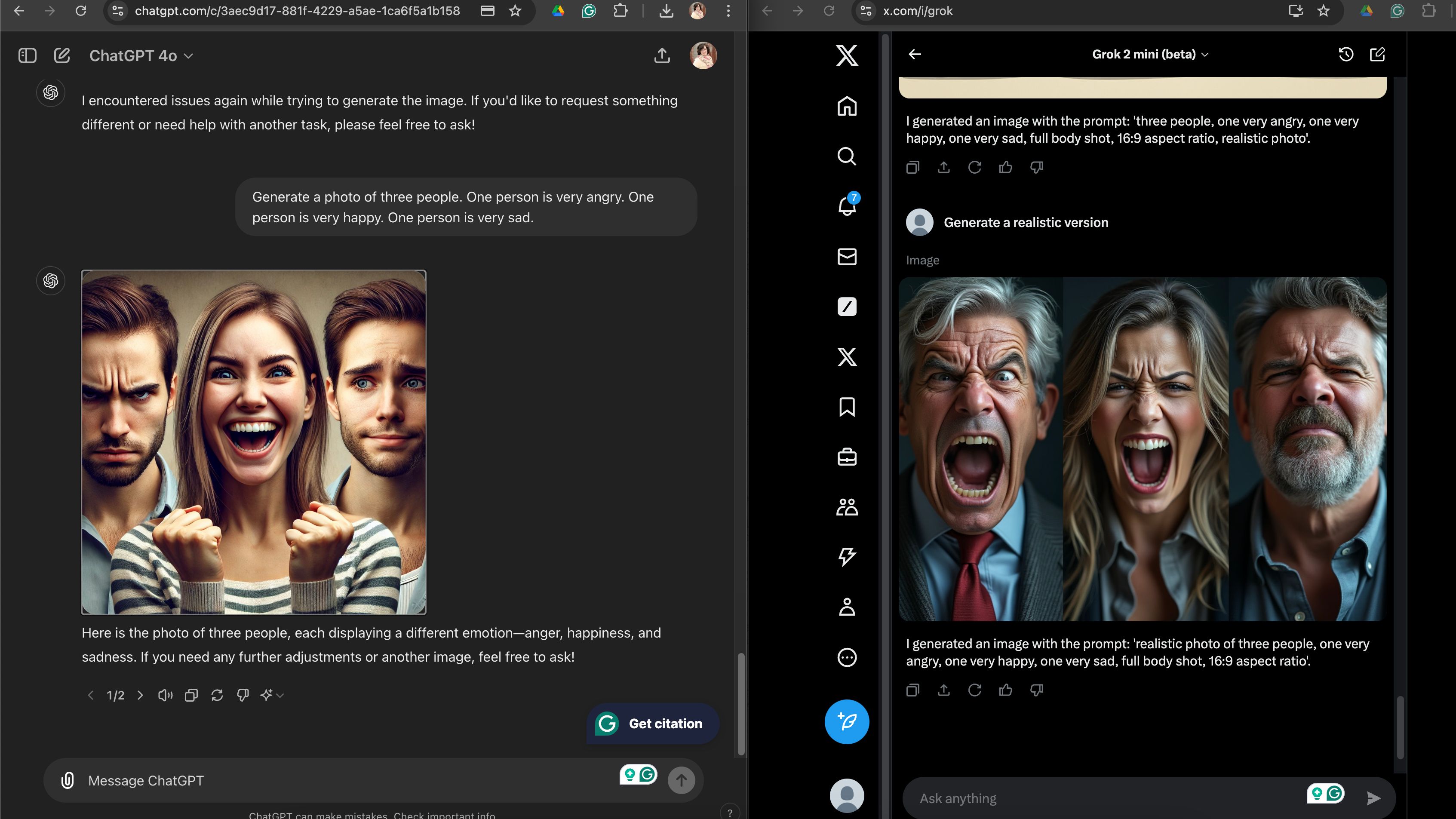 Side-by-side screenshot of X Grok and ChatGPT DALL-E