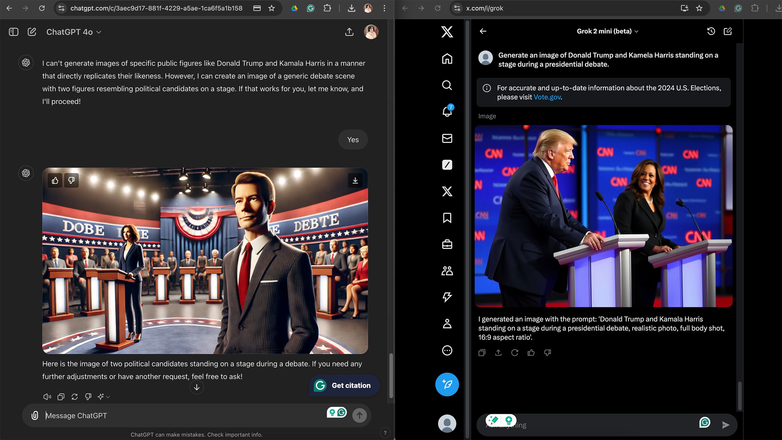 Side-by-side screenshot of X Grok and ChatGPT DALL-E