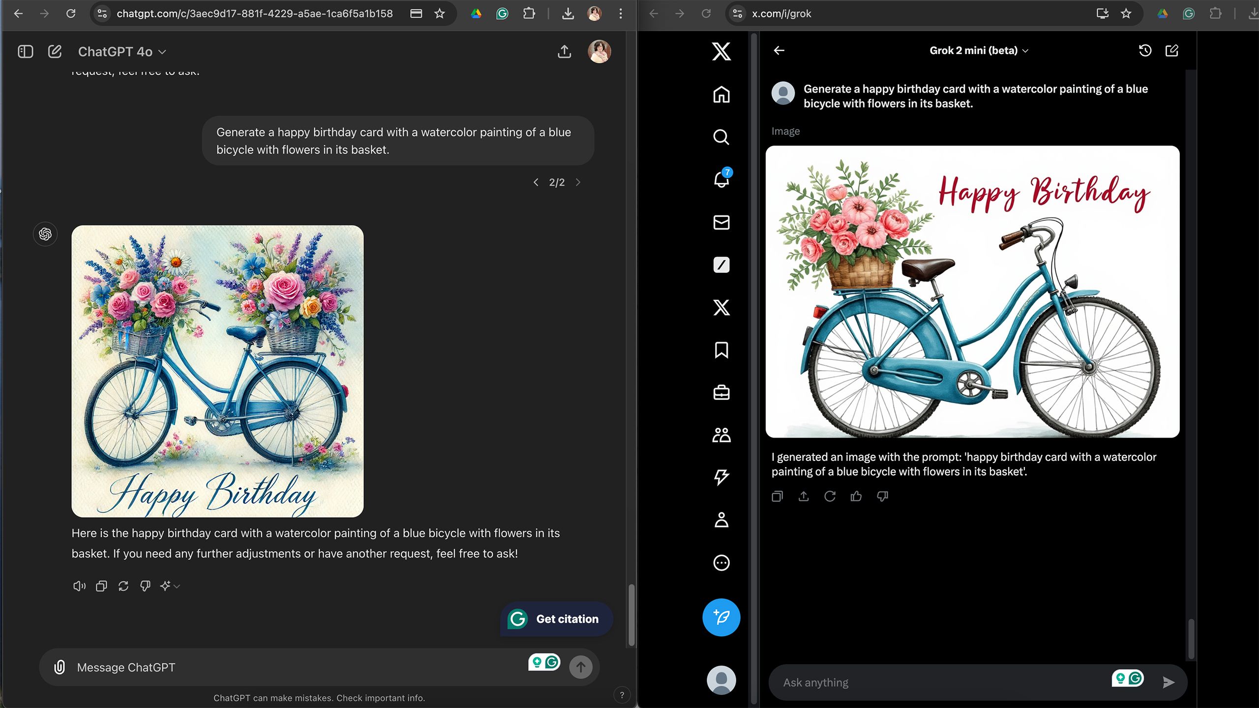 Side-by-side screenshot of X Grok and ChatGPT DALL-E