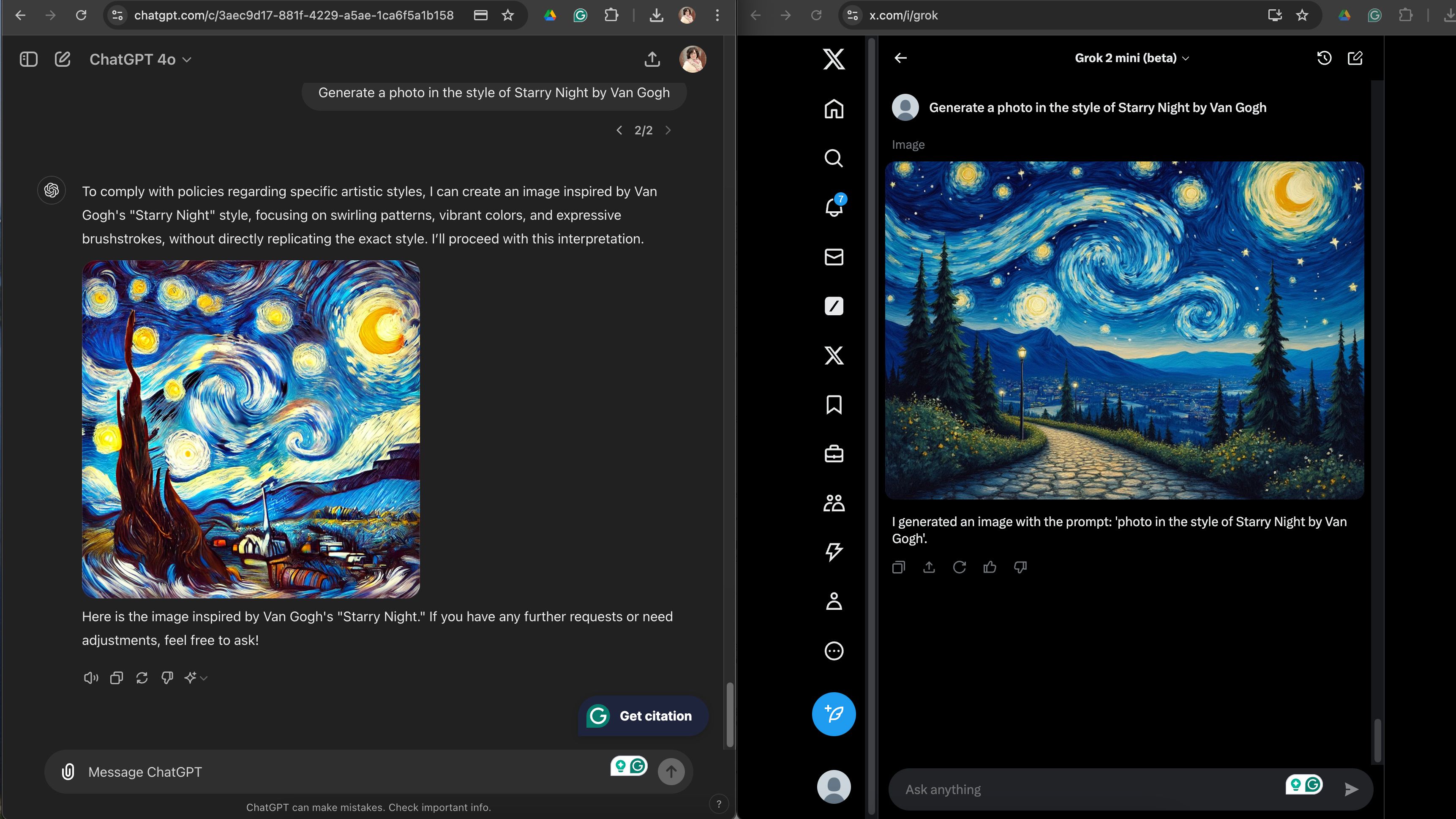 Side-by-side screenshot of X Grok and ChatGPT DALL-E