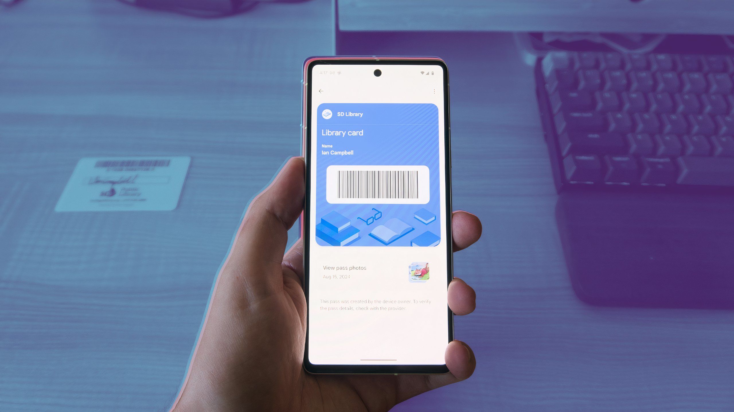 Showing off a scanned library card in Google Wallet.