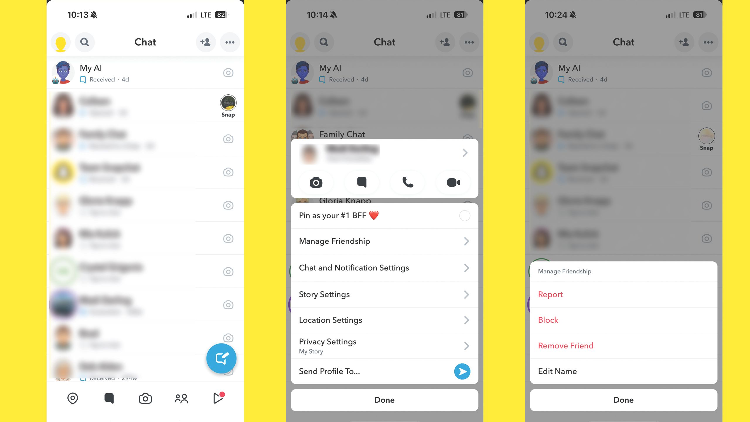 3 screenshots showing how to block a friend on Snapchat