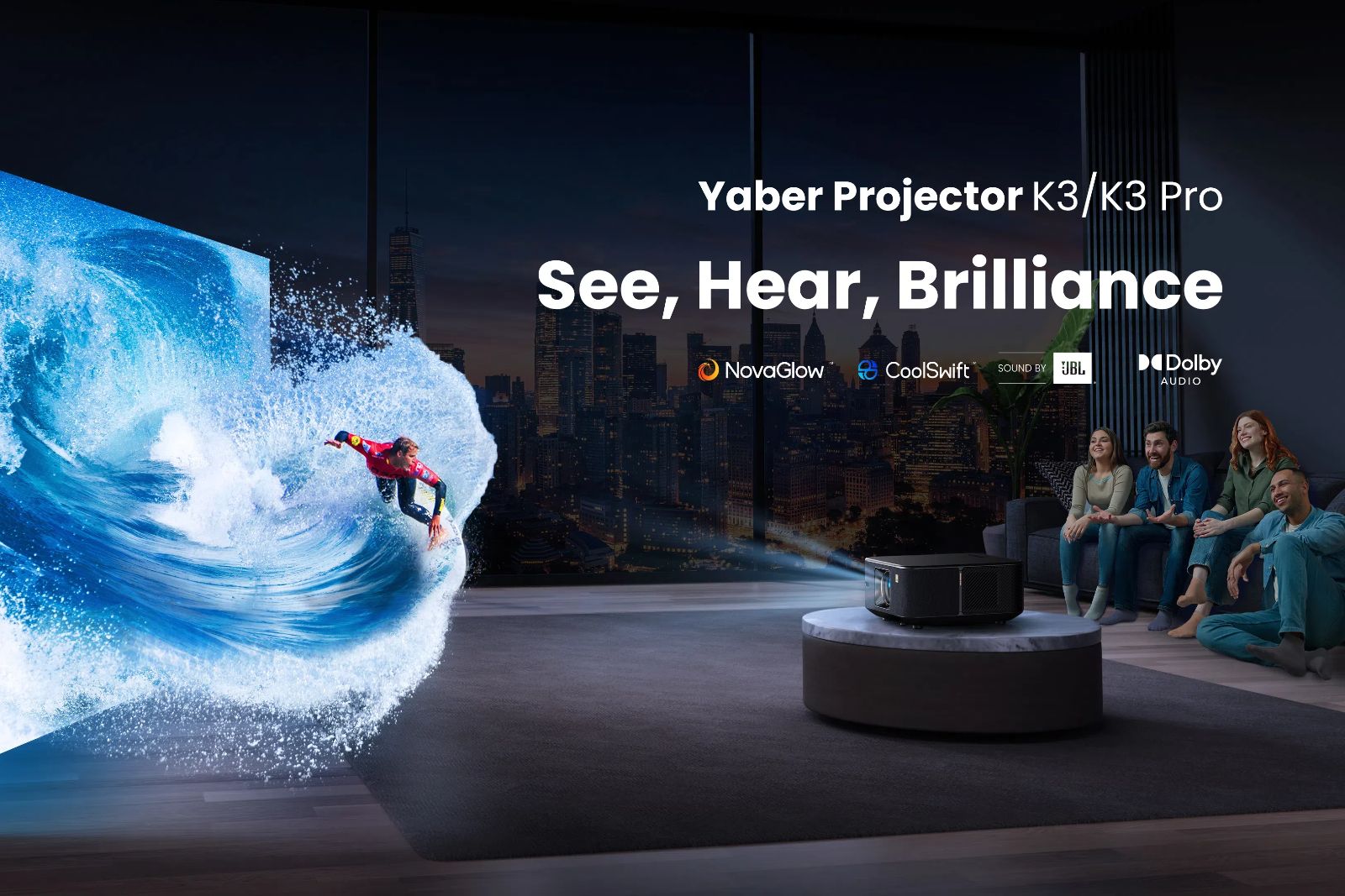 Four people watching projection from Yaber K3 with promotional text