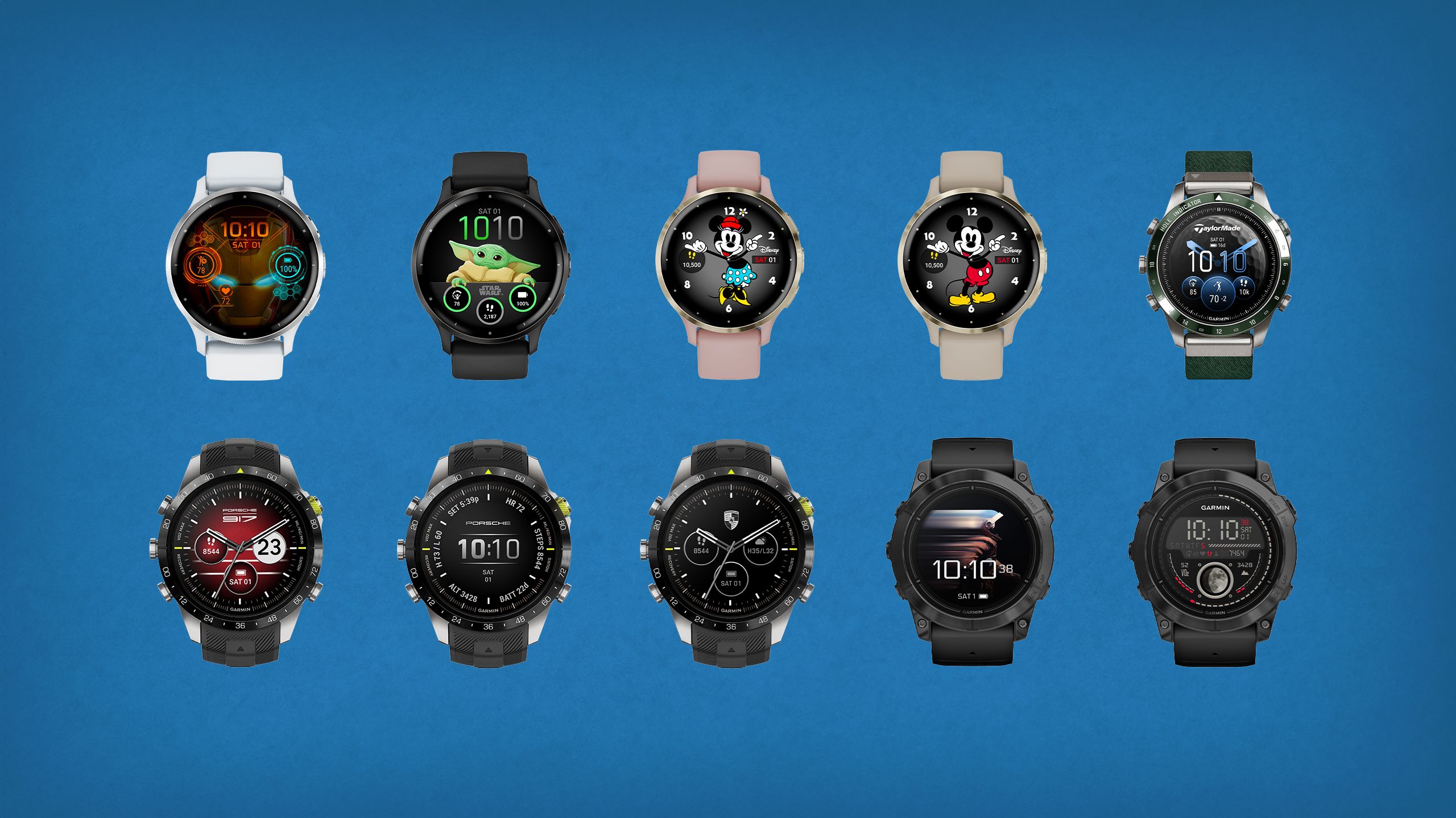 10 Garmin watches with different watch faces against a blue background.