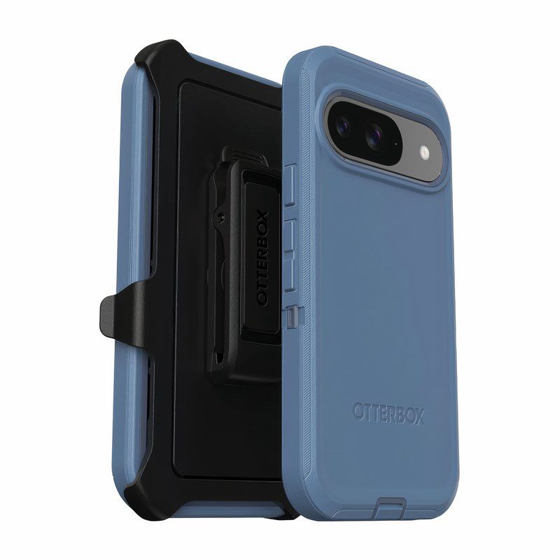 A thick blue and black phone case encases the Pixel 9.