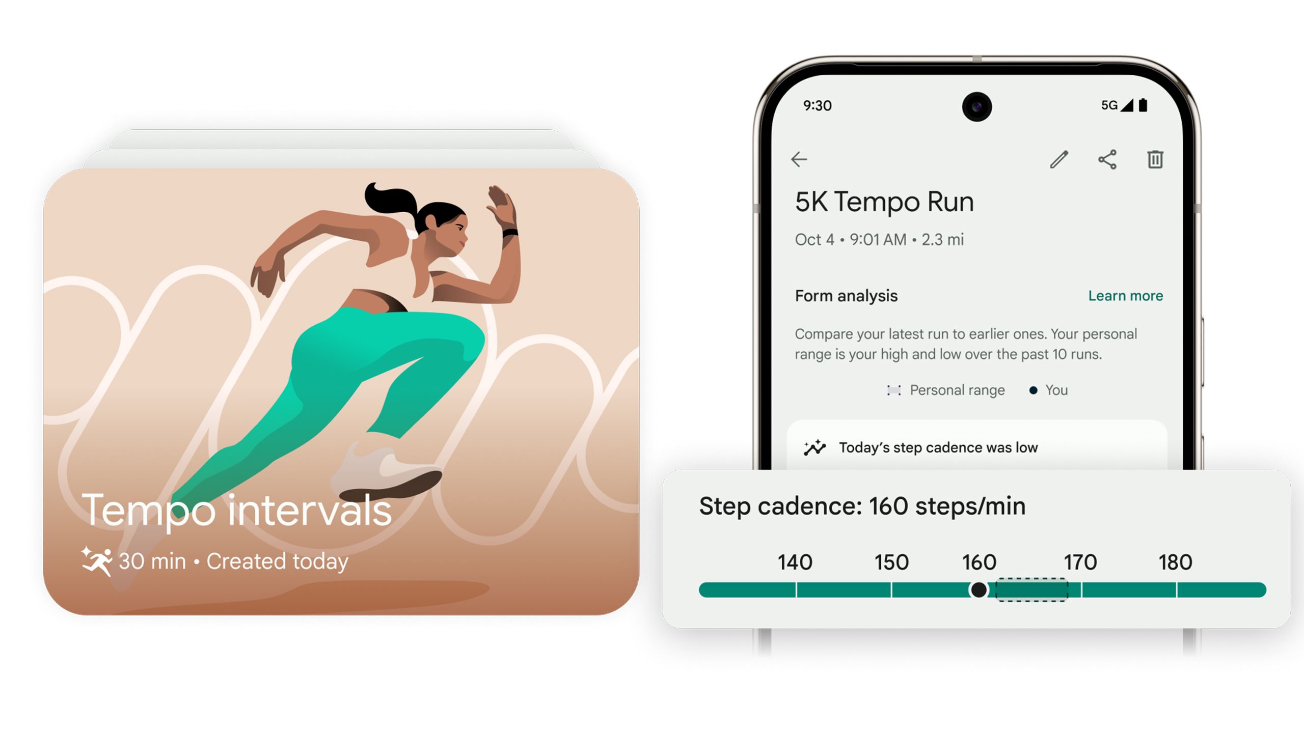 A graphic of a woman running with is next to a phone mockup of the Fitbit app displaying a 5K temp run. 