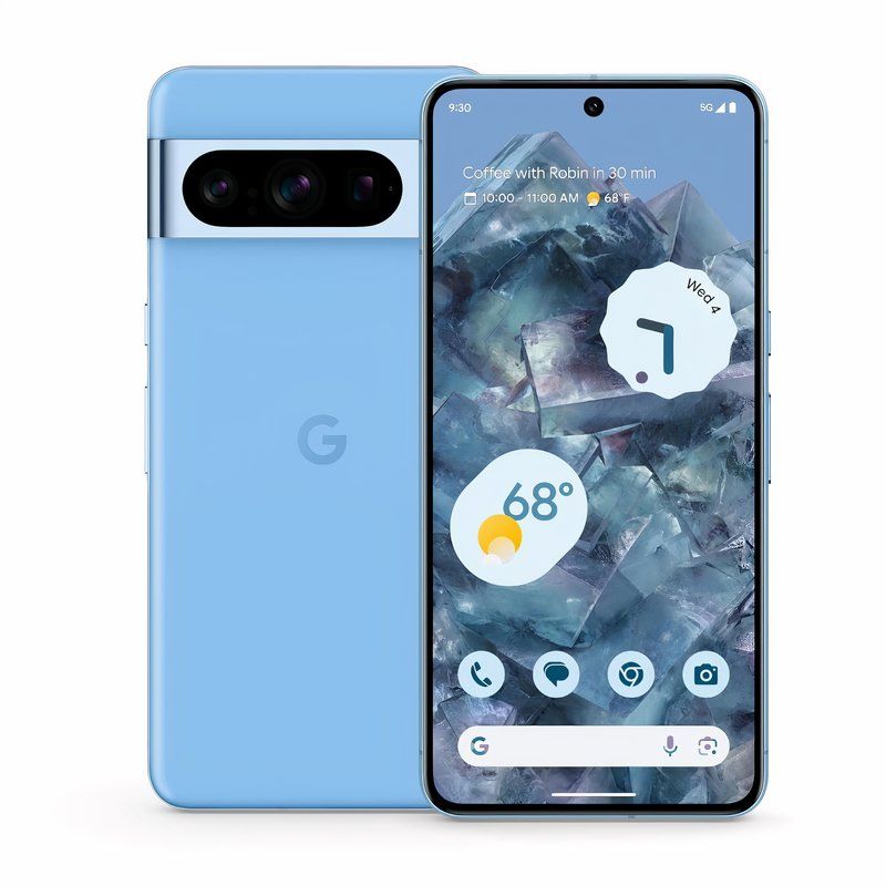 The back and front of a blue Pixel 8 Pro.