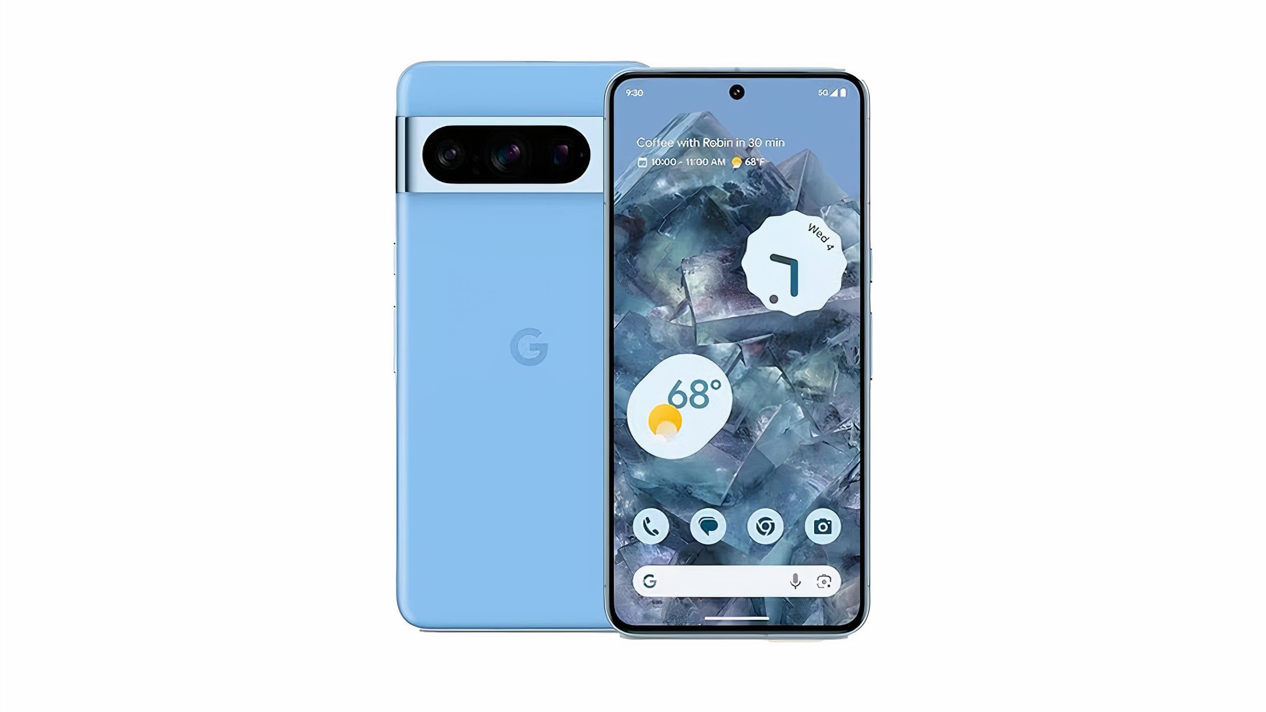 the back and front of two blue Pixel 8 Pros.