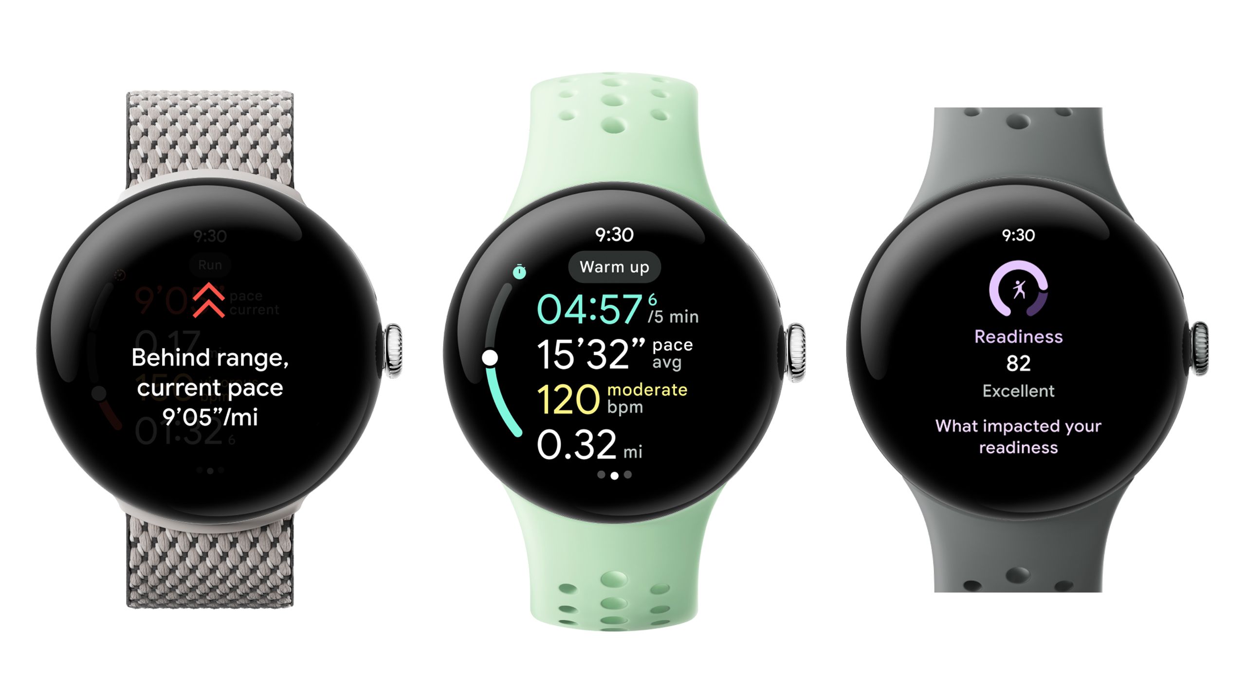 Three Google Pixel Watch 3 smartwatches with running features on the displays are placed against a white background. 