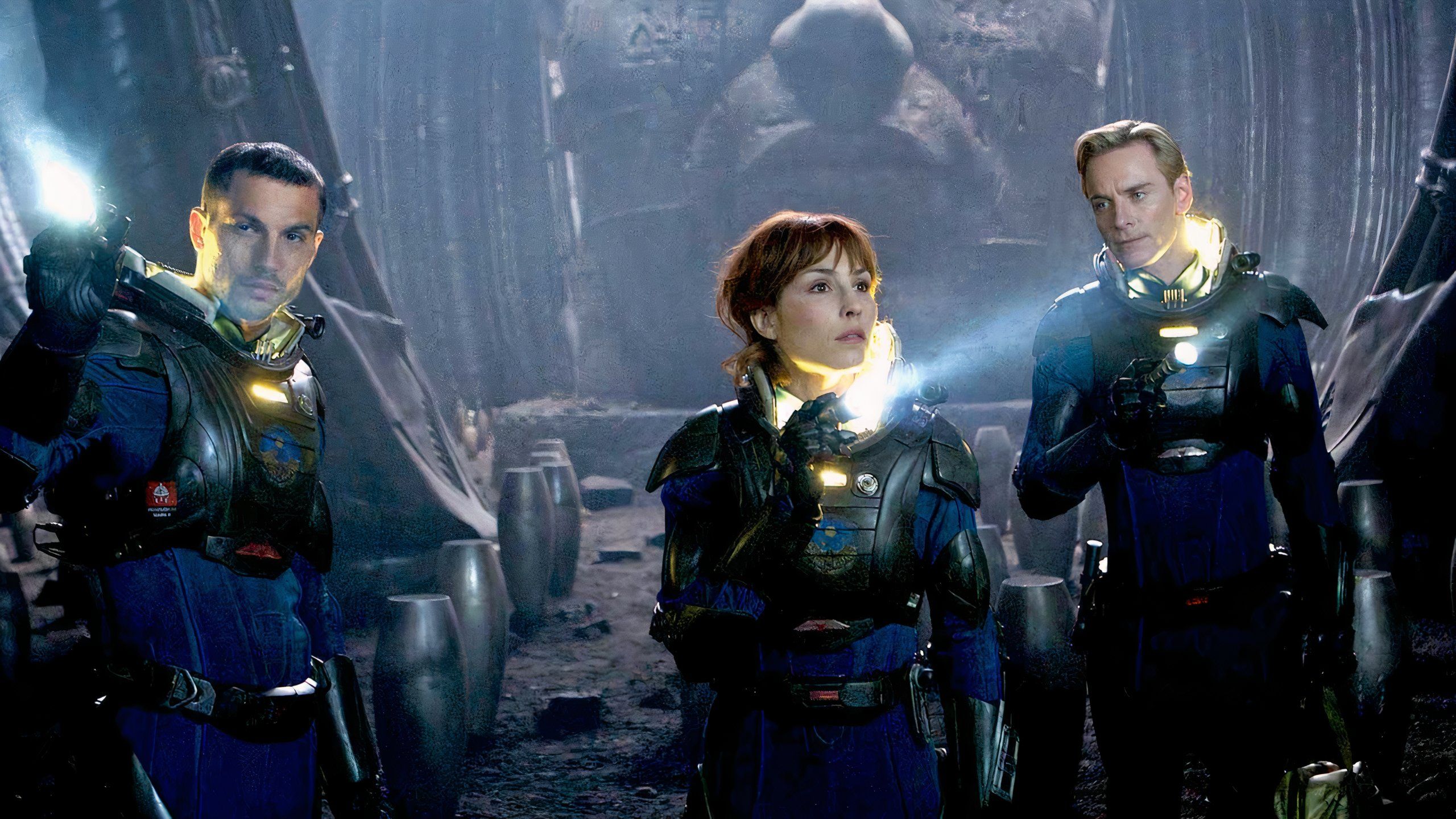 The crew of the Prometheus inside of an alien ship.