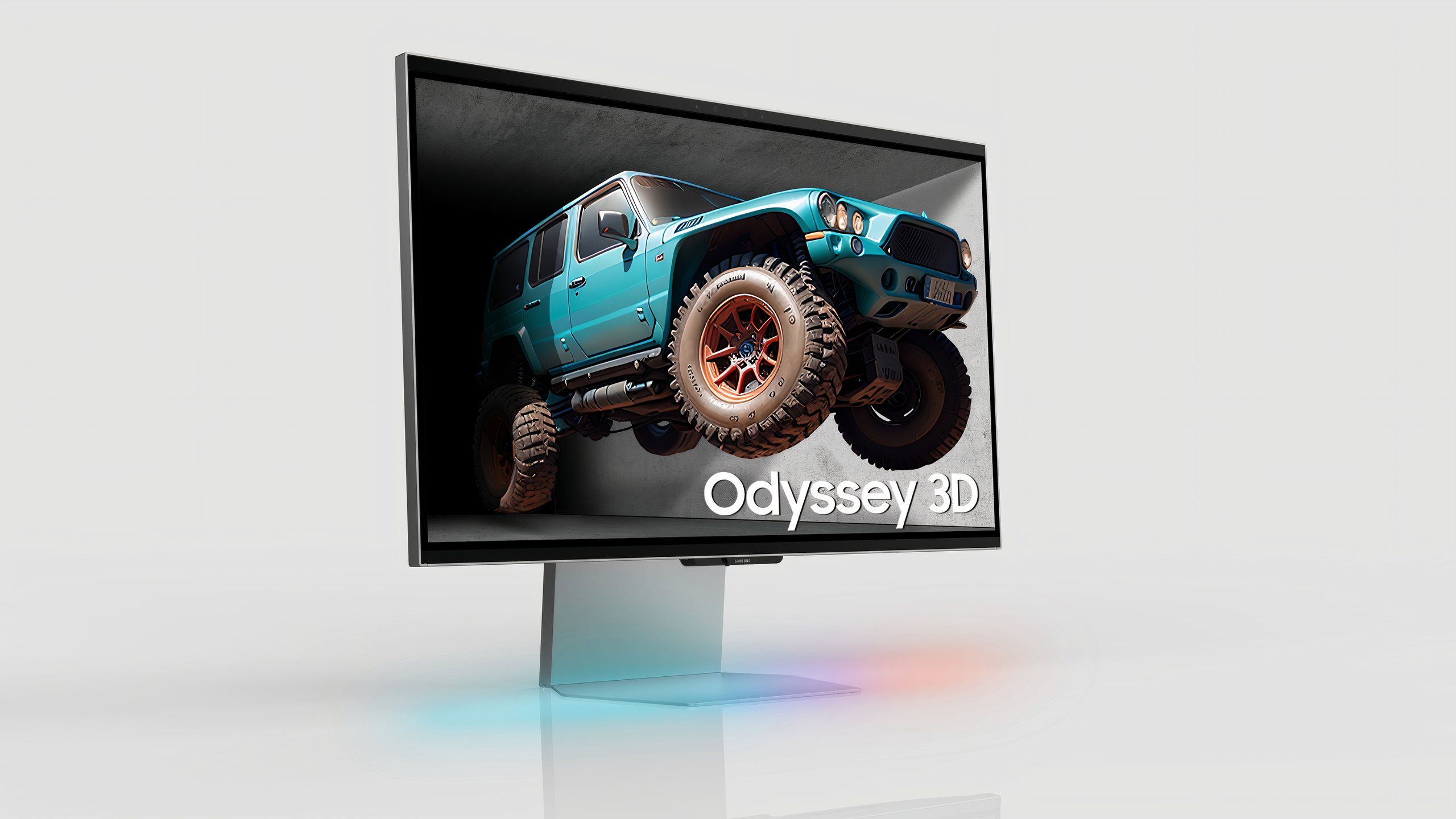 A Samsung Odyssey 3D monitor in a gray void.