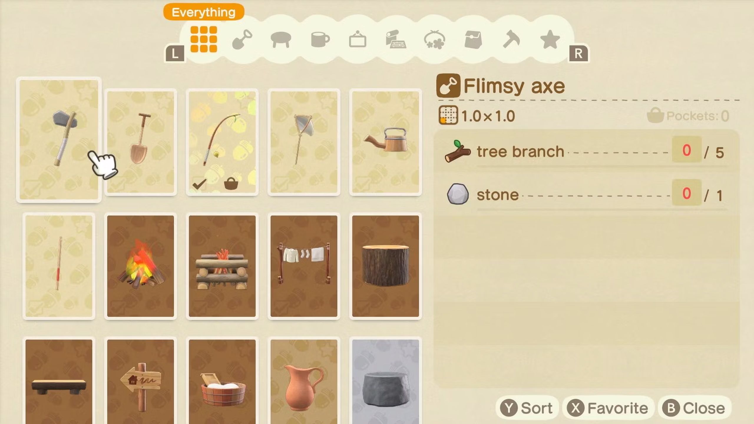 Selecting the flimsy axe in Animal Crossing New Horizons