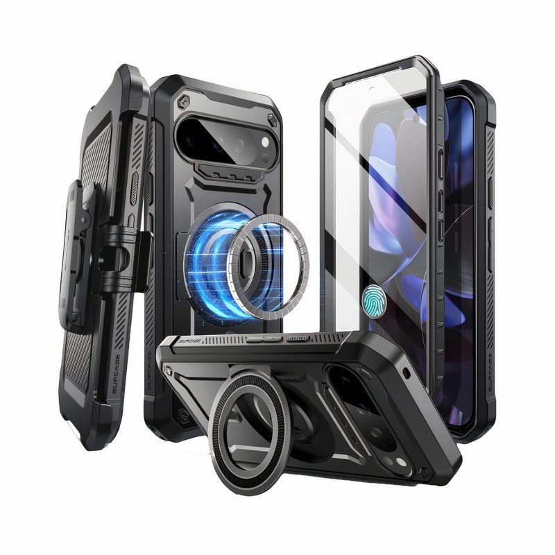 Multiple angles of the back and sides of the raised black Pixel 9 case.