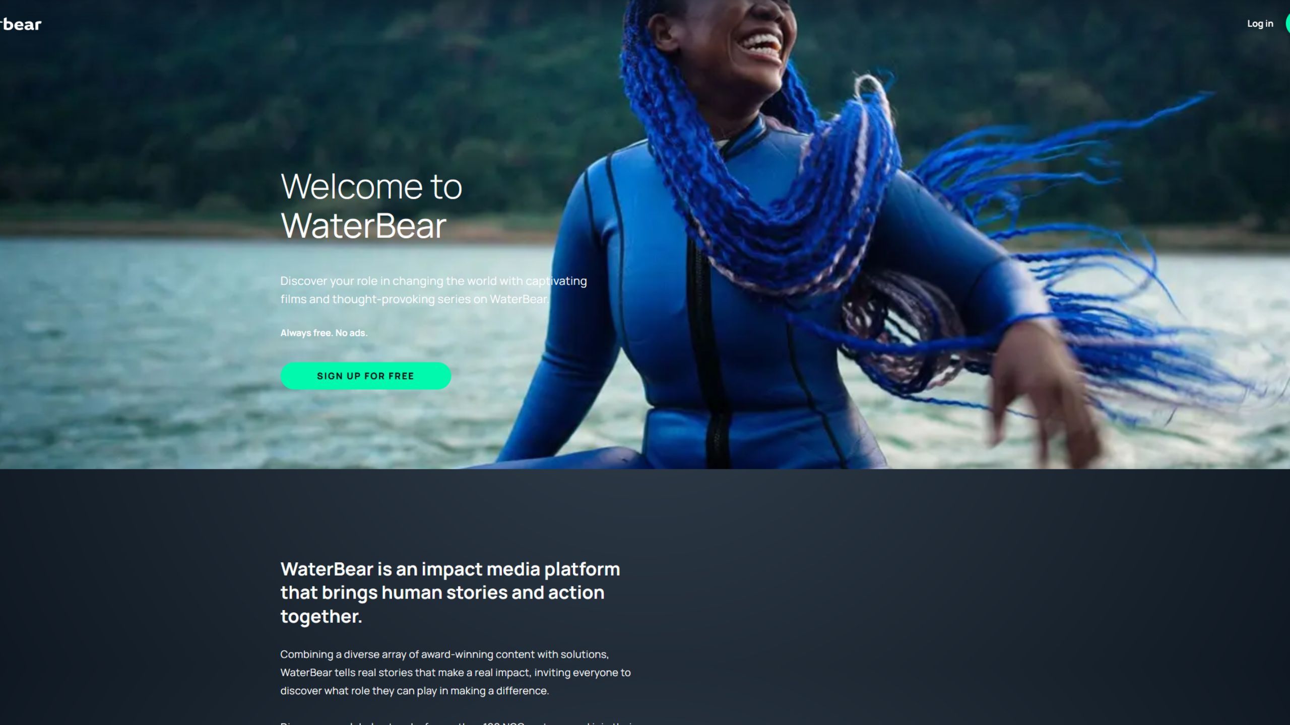 The WaterBear homepage.