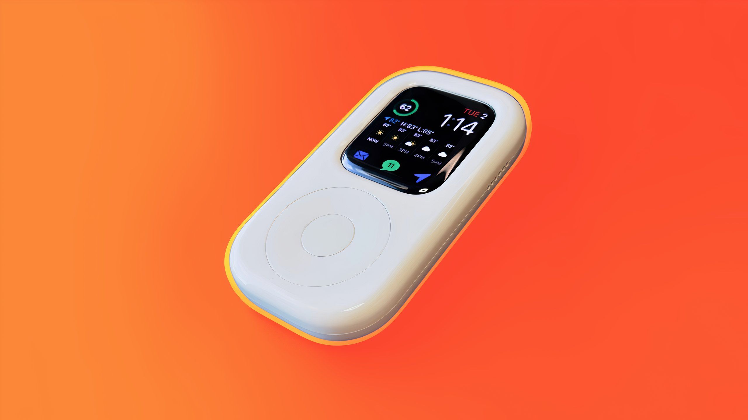 The tinyPod floating over an amber colored background.