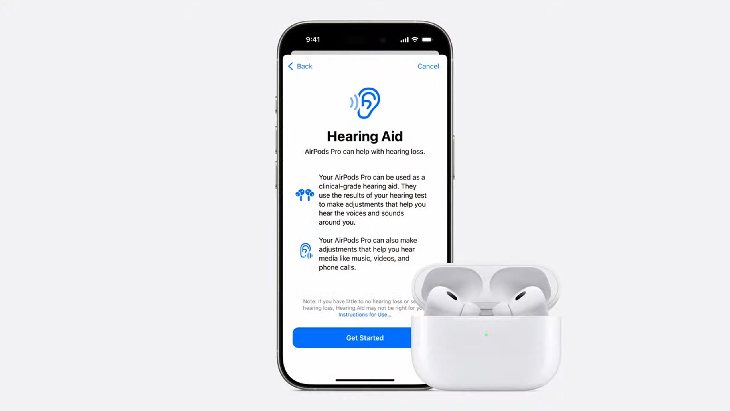 Hearing aid functions for the AirPods Pro 2.