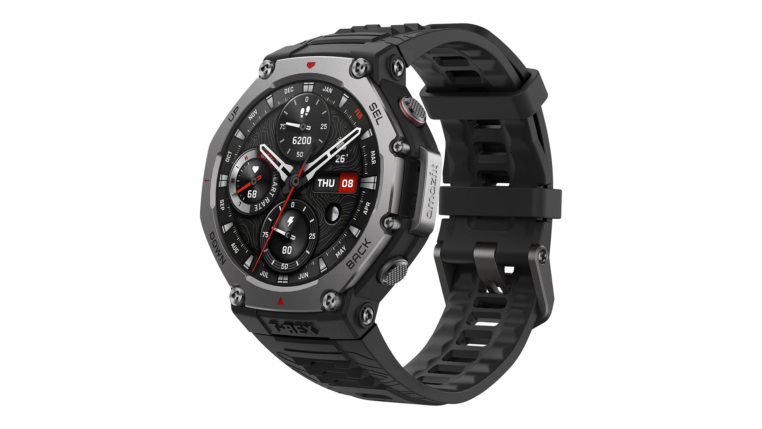 The Amazfit T-Rex 3 rugged smartwatch is placed against a white background. 