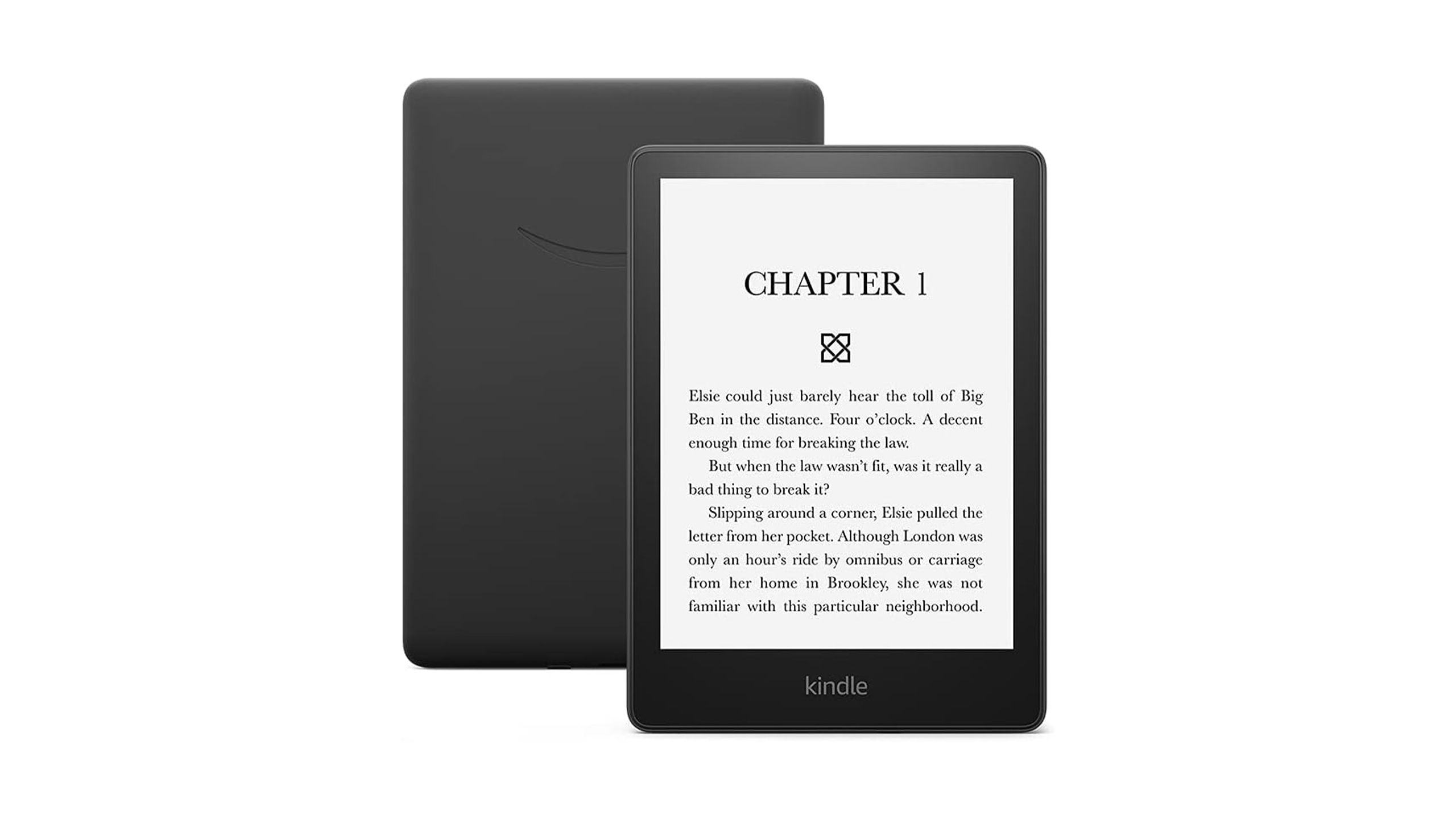 Two Amazon Kindle Paperwhite tablets are placed against a white background. 