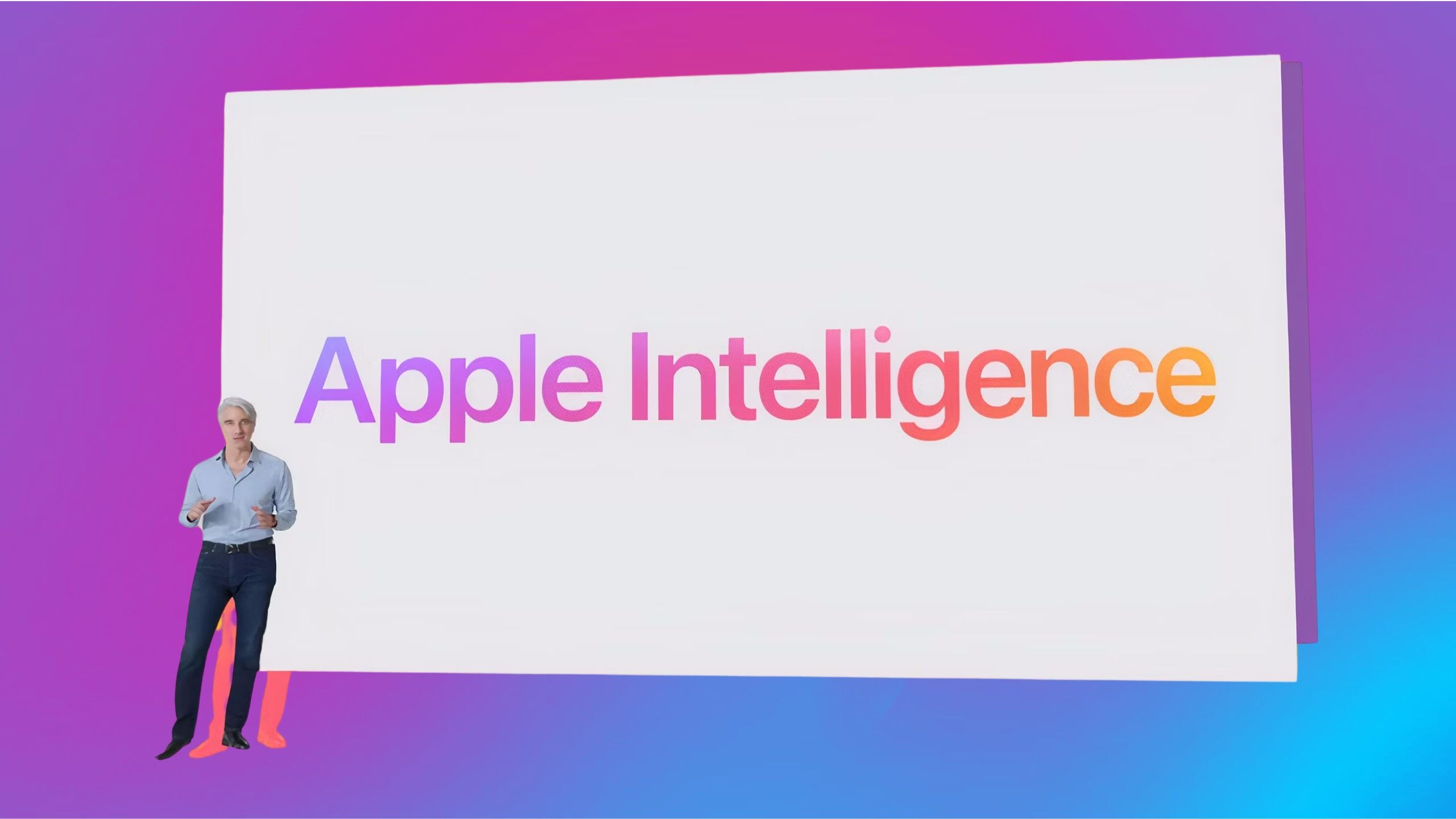 Apple Intelligence keynote on colored background