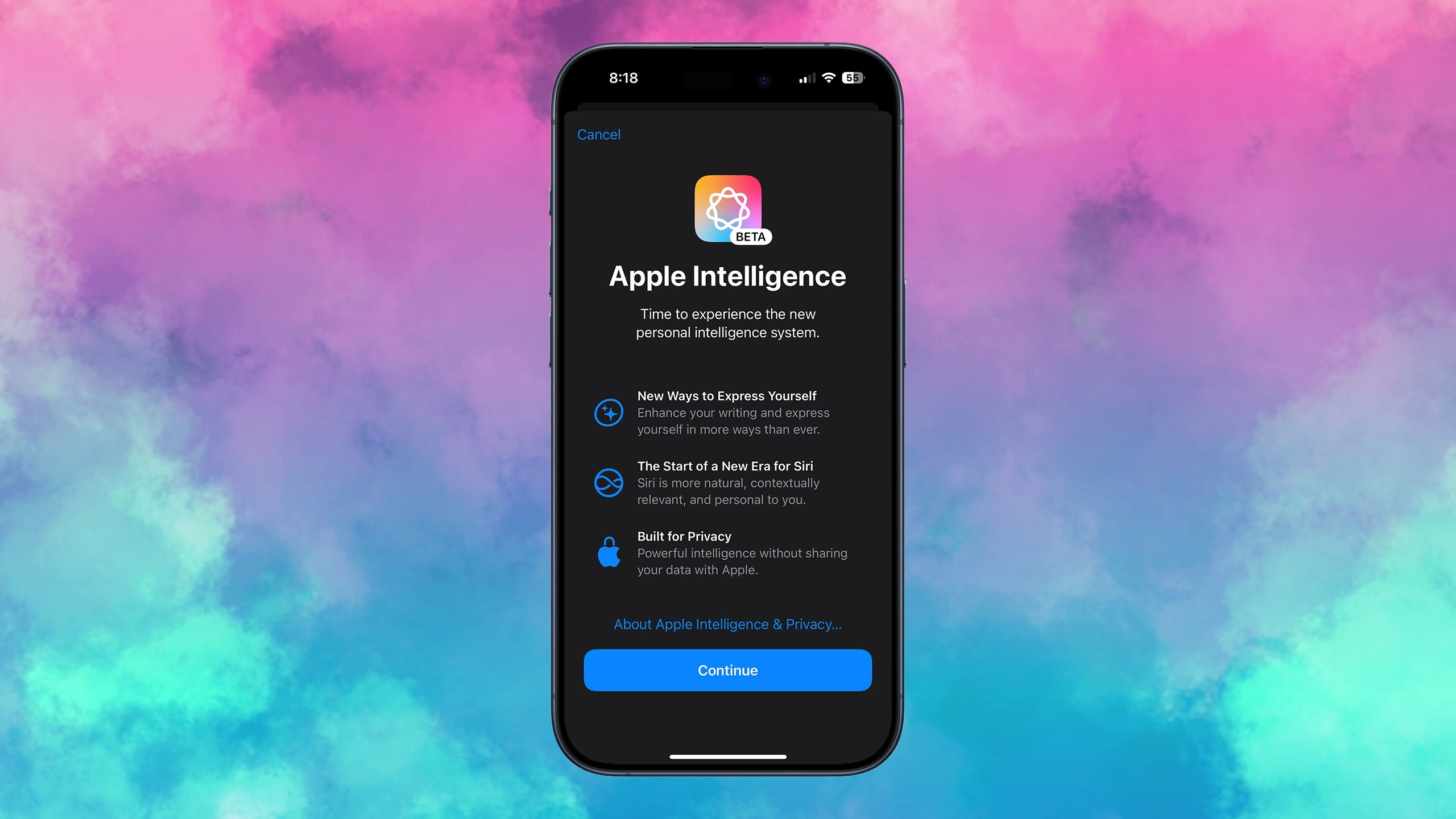 Apple Intelligence splash screen on iPhone 15 Pro on colored background