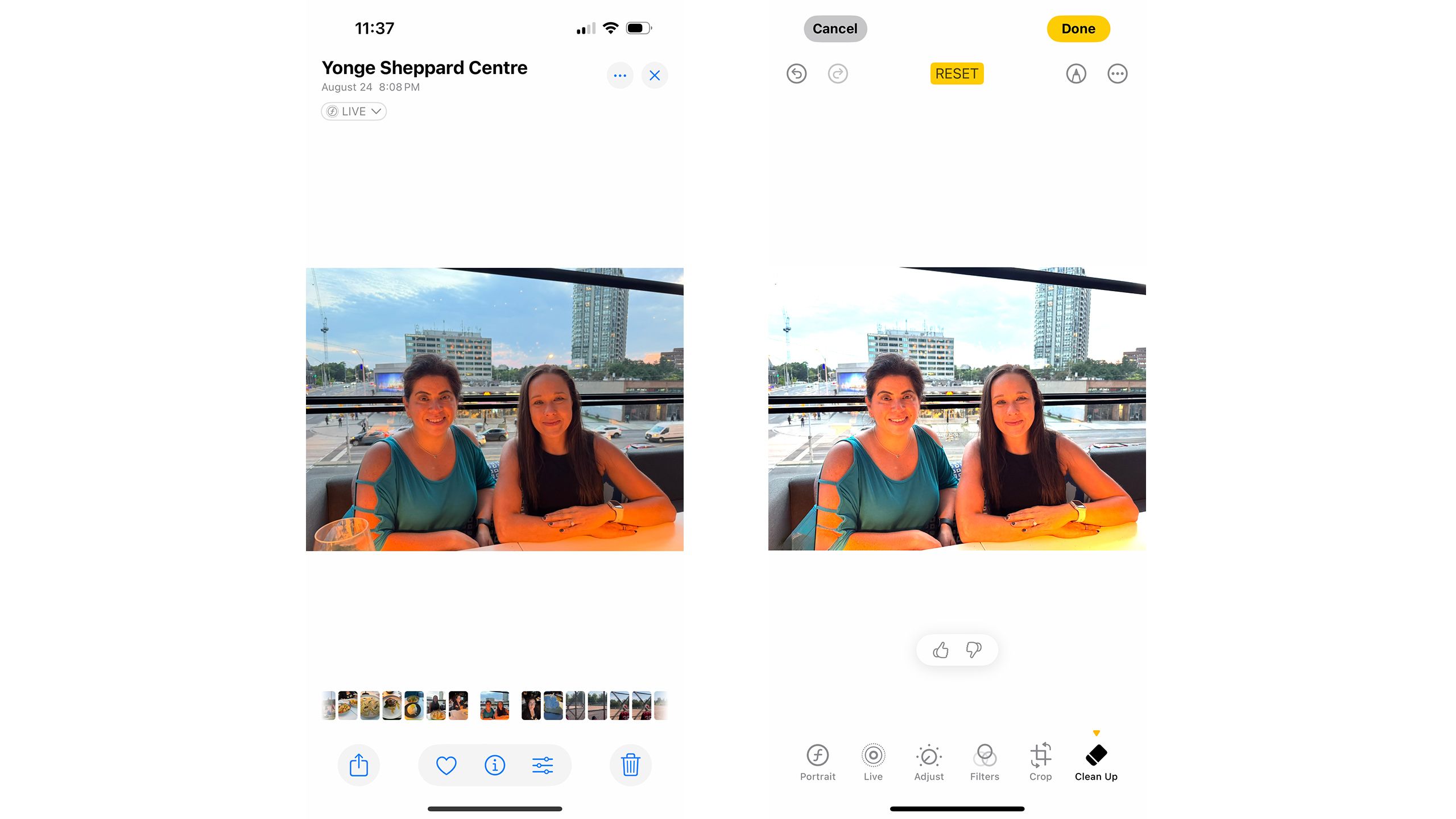 Side-by-side images of two women at a restaurant by a window, a glass removed from the foreground and cars from the background in the second one.