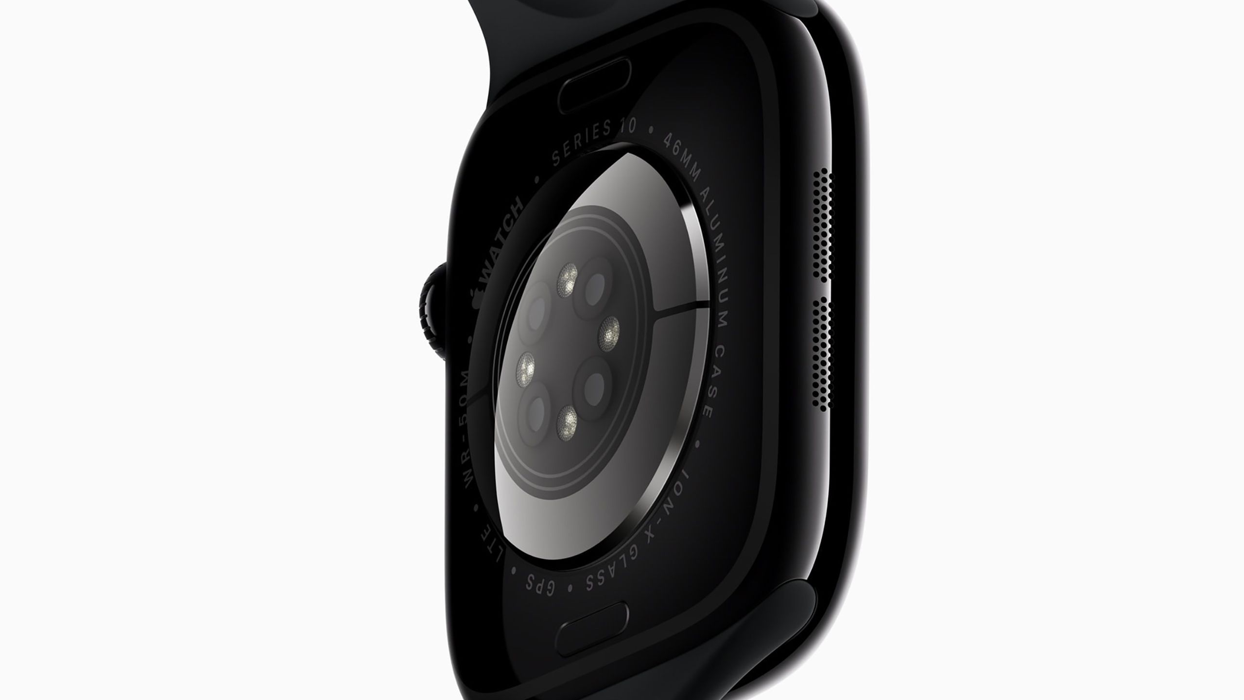 The back of the Apple Watch Series 10 showing the charging contacts