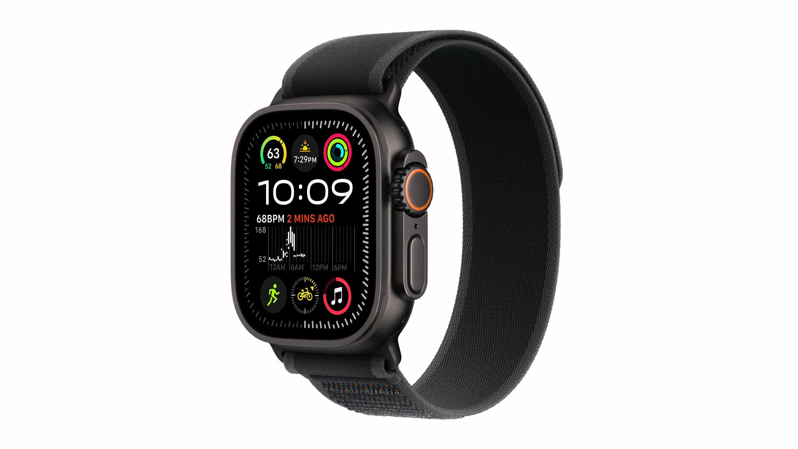 A black titanium Apple Watch Ultra 2 with a matching trail watch band.