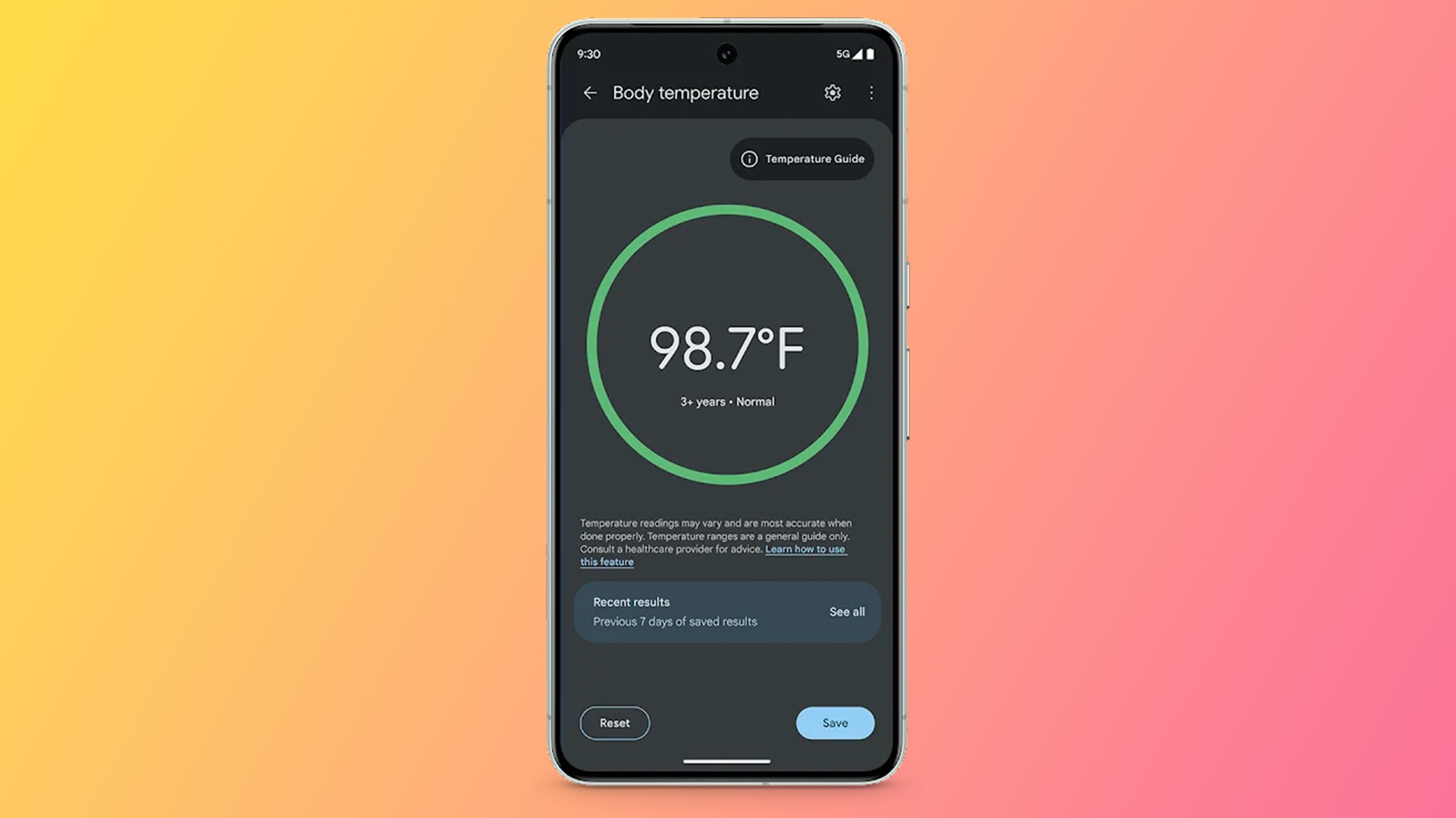 Body temperature measurement on Thermometer app on Google Pixel 8 Pro