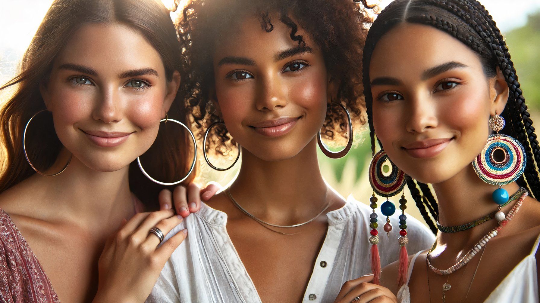 An AI generated image of three women, some wearing mismatched earrings