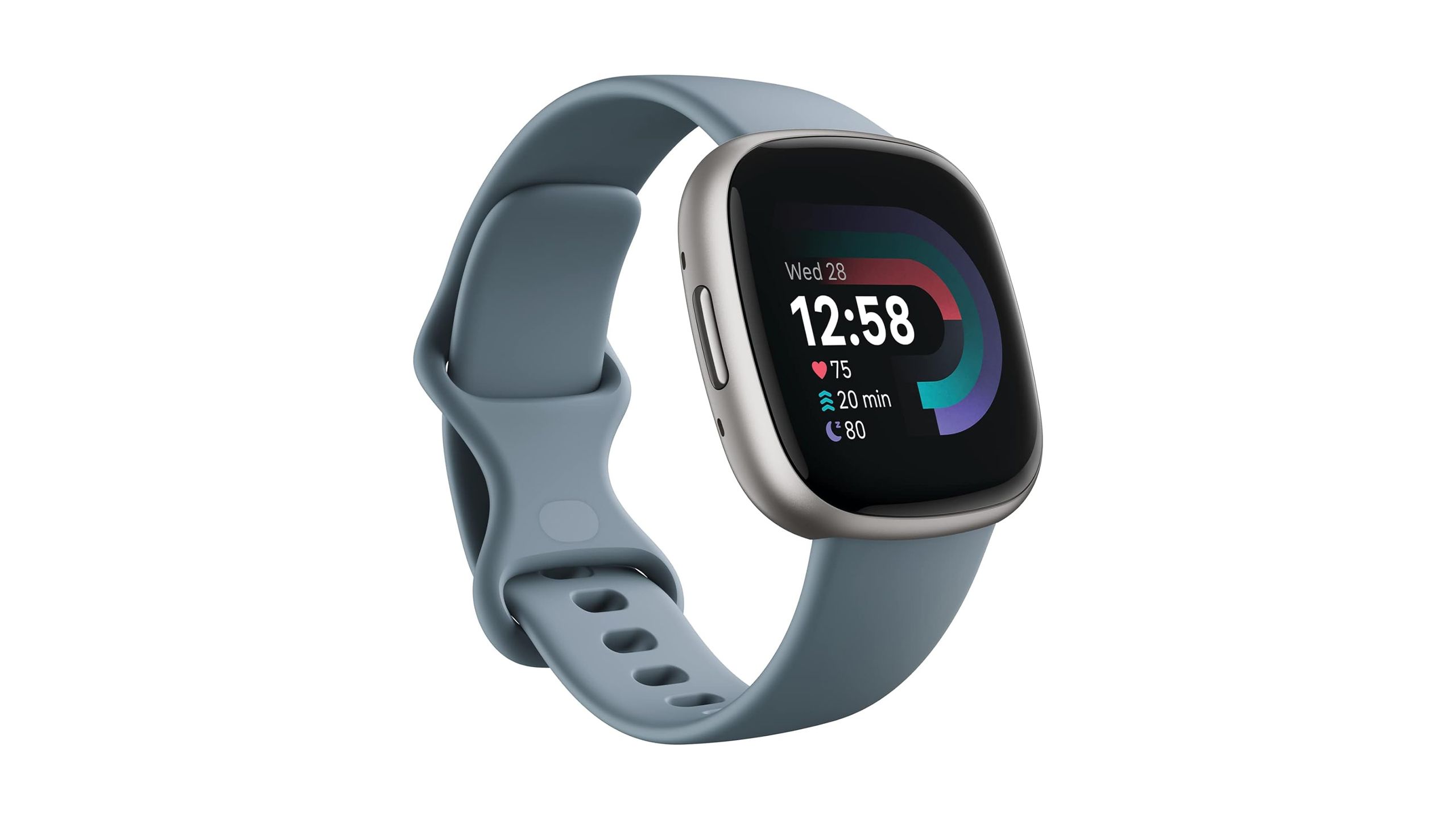 The Fitbit Versa 4 is placed against a white background. 