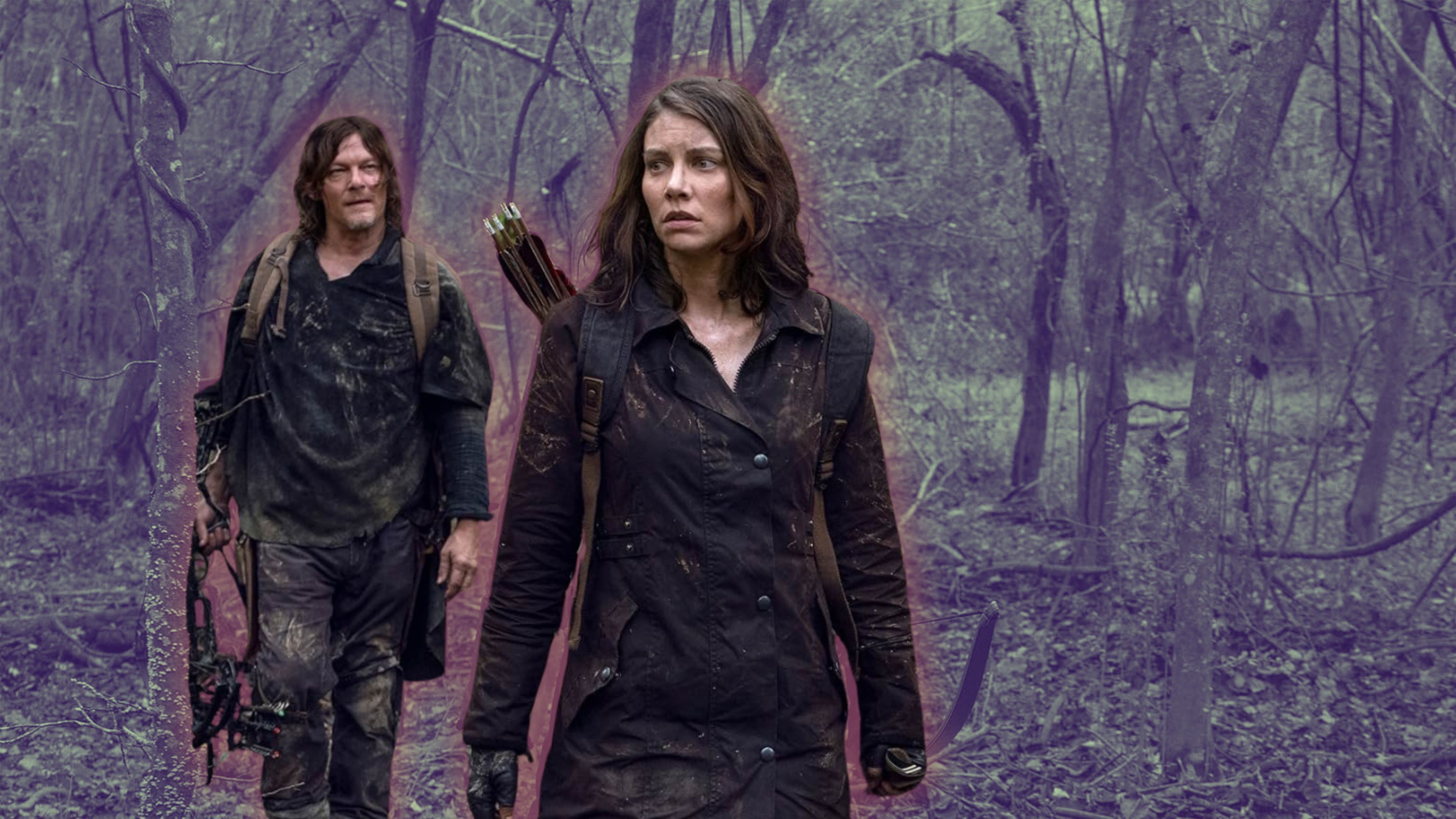 Daryl and Maggie in the woods with a bow and arrow