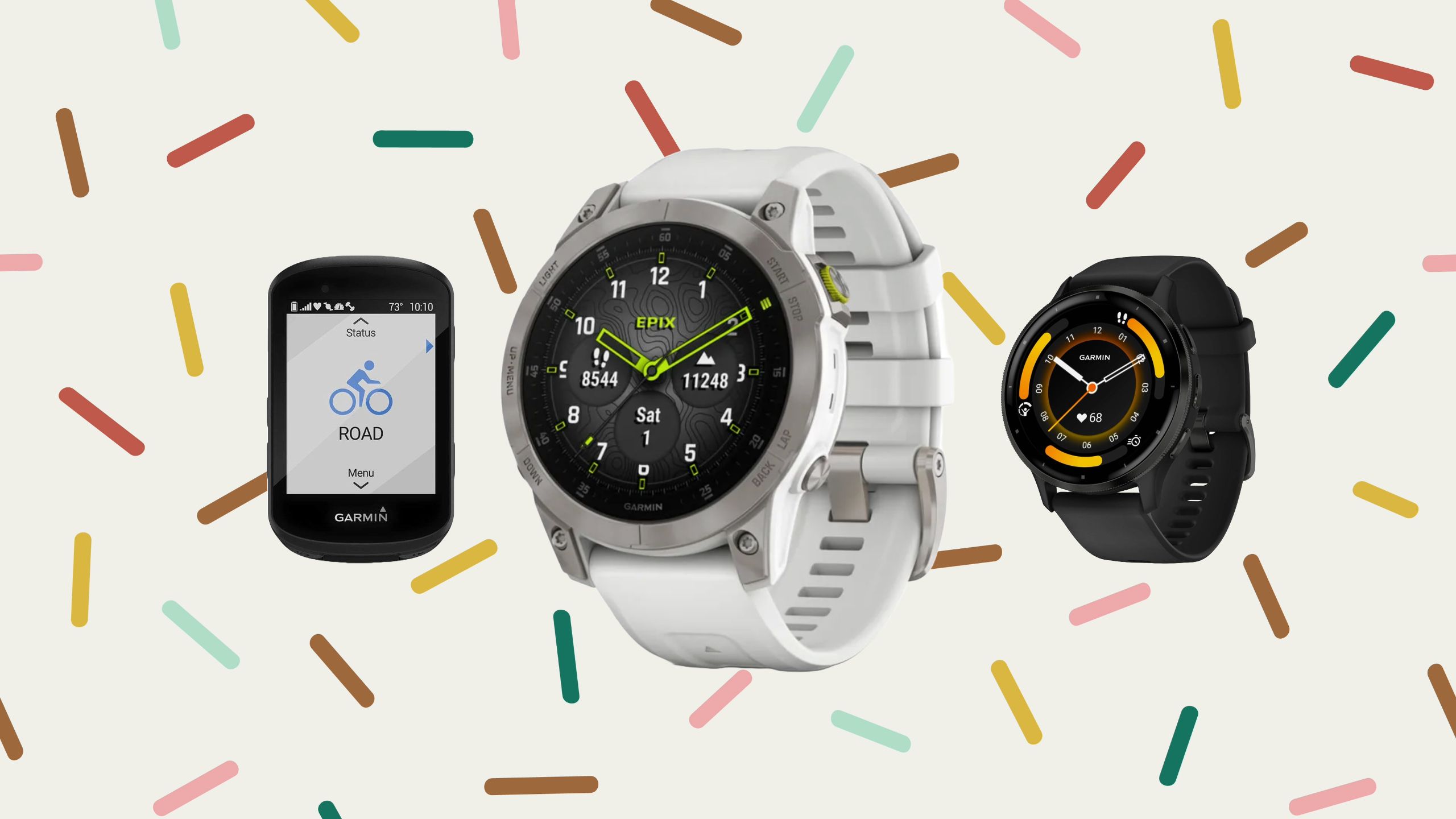 The Garmin Edge 530, epix Gen 2, and Vivoactive 5 are placed against a cream background with colorful sprinkles. 