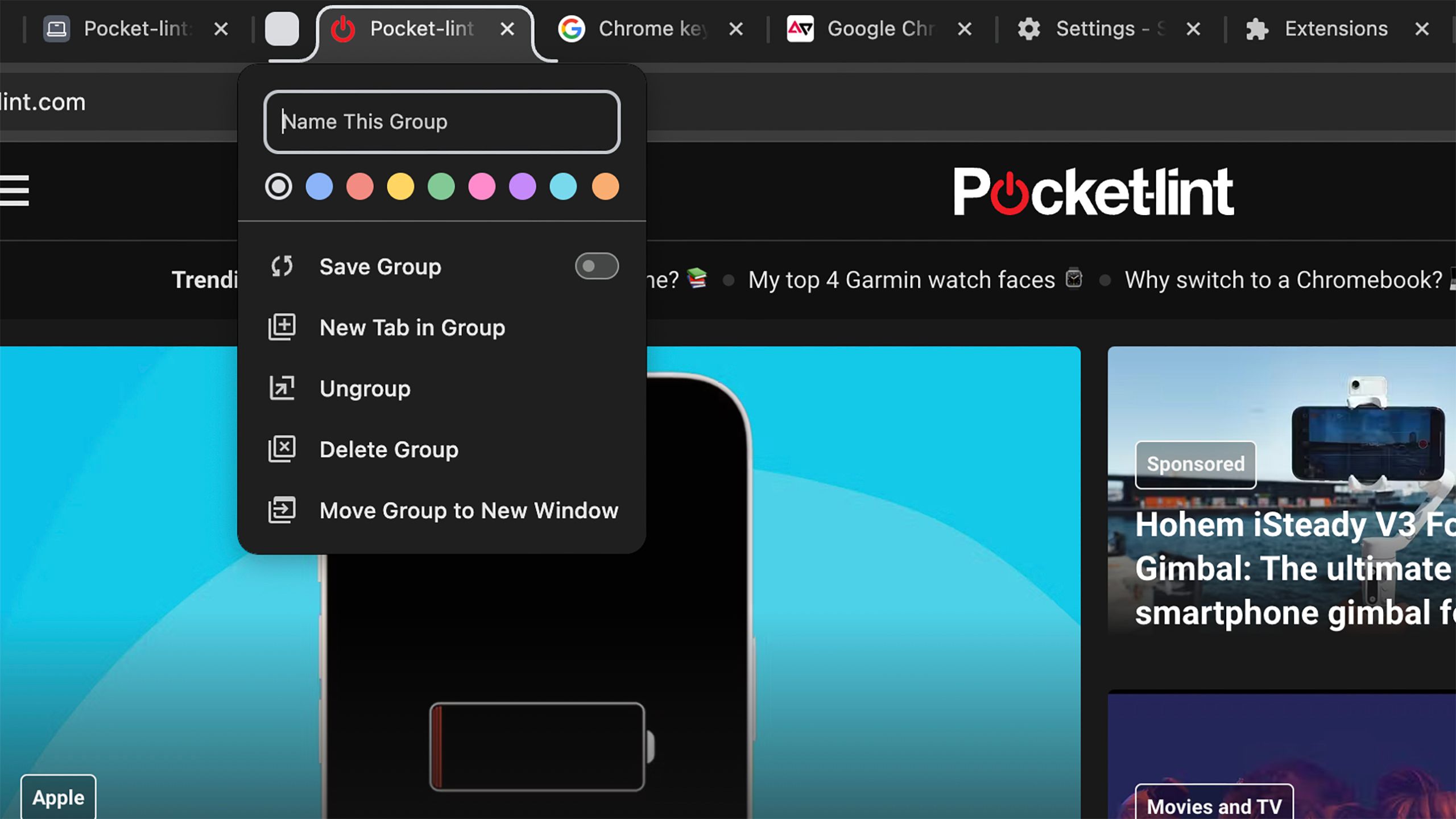 A screenshot of Google Chrome tab groups