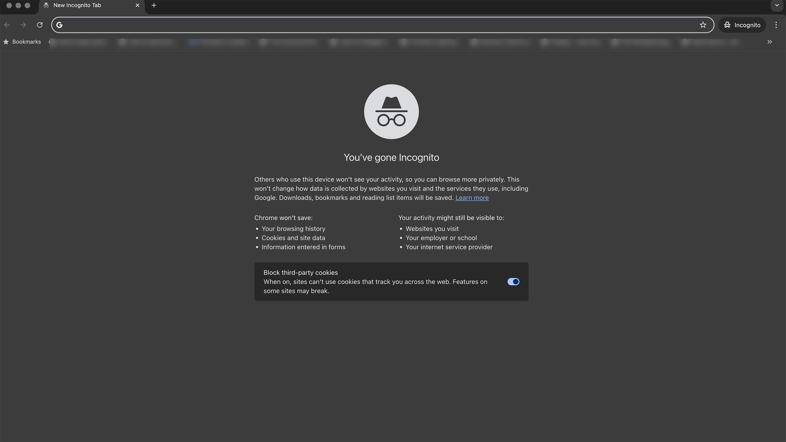 Une capture d'écran de Google Chrome incognito