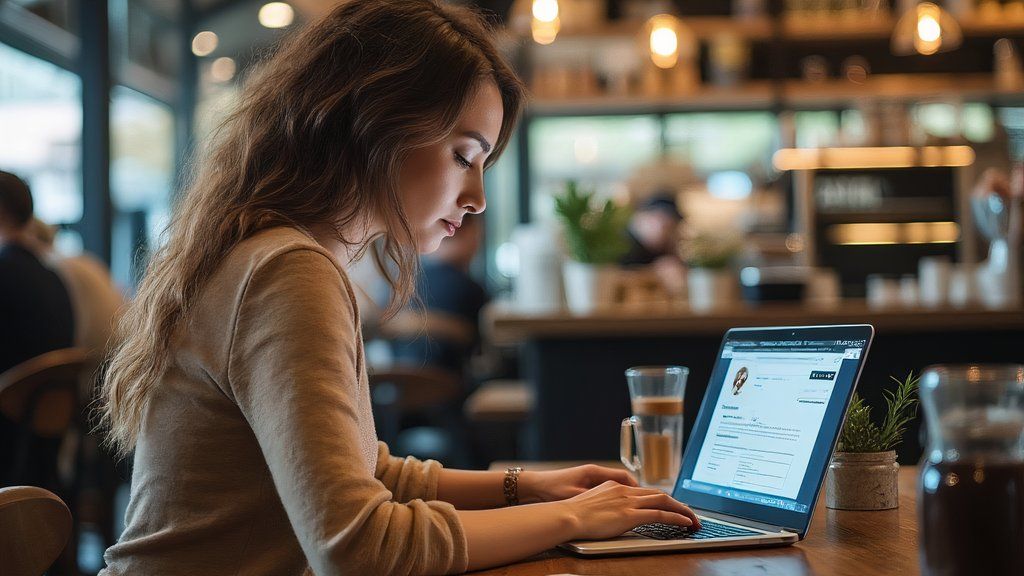 An AI-generated image of a woman on a laptop in a coffee shop