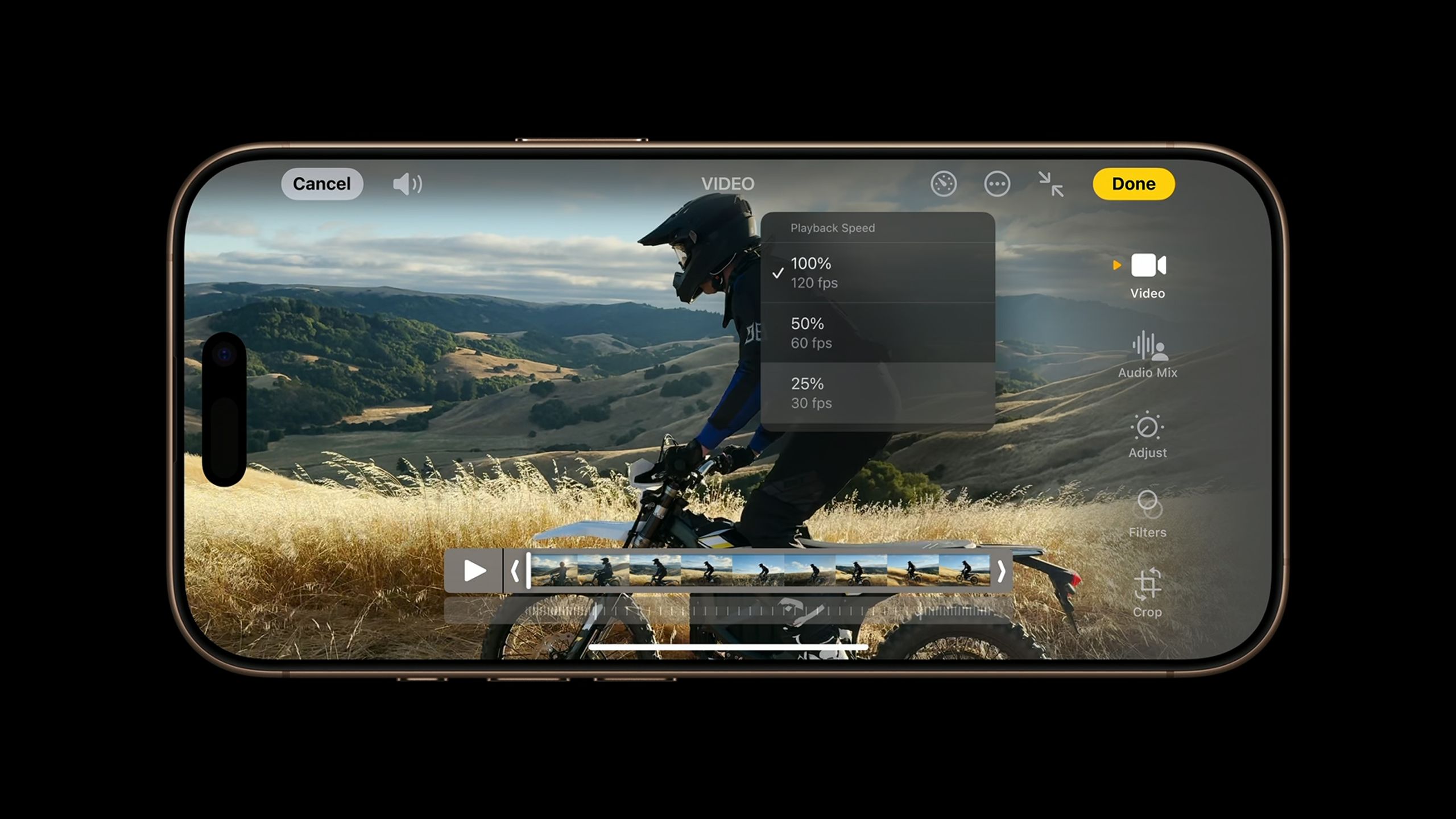 Changing video playback framerates on the iPhone 16 Pro.