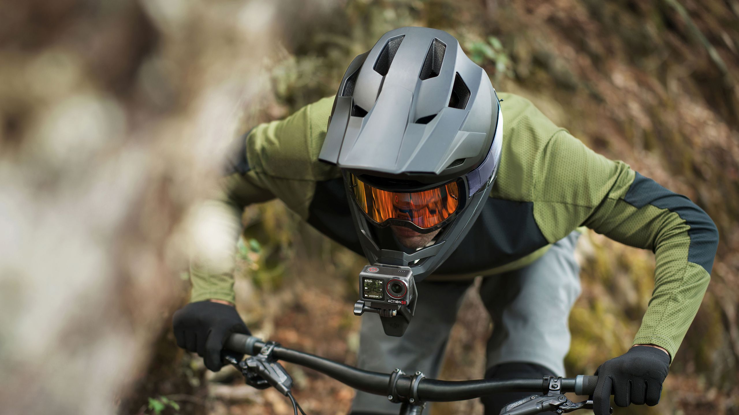 The DJI Osmo Action 5 Pro mounted on a bike helmet