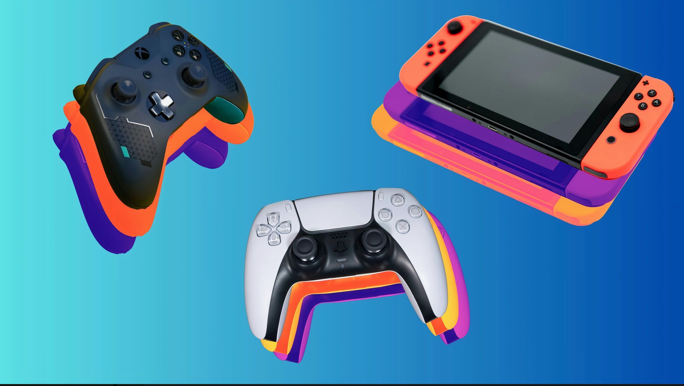 Colorful image of different video game controllers