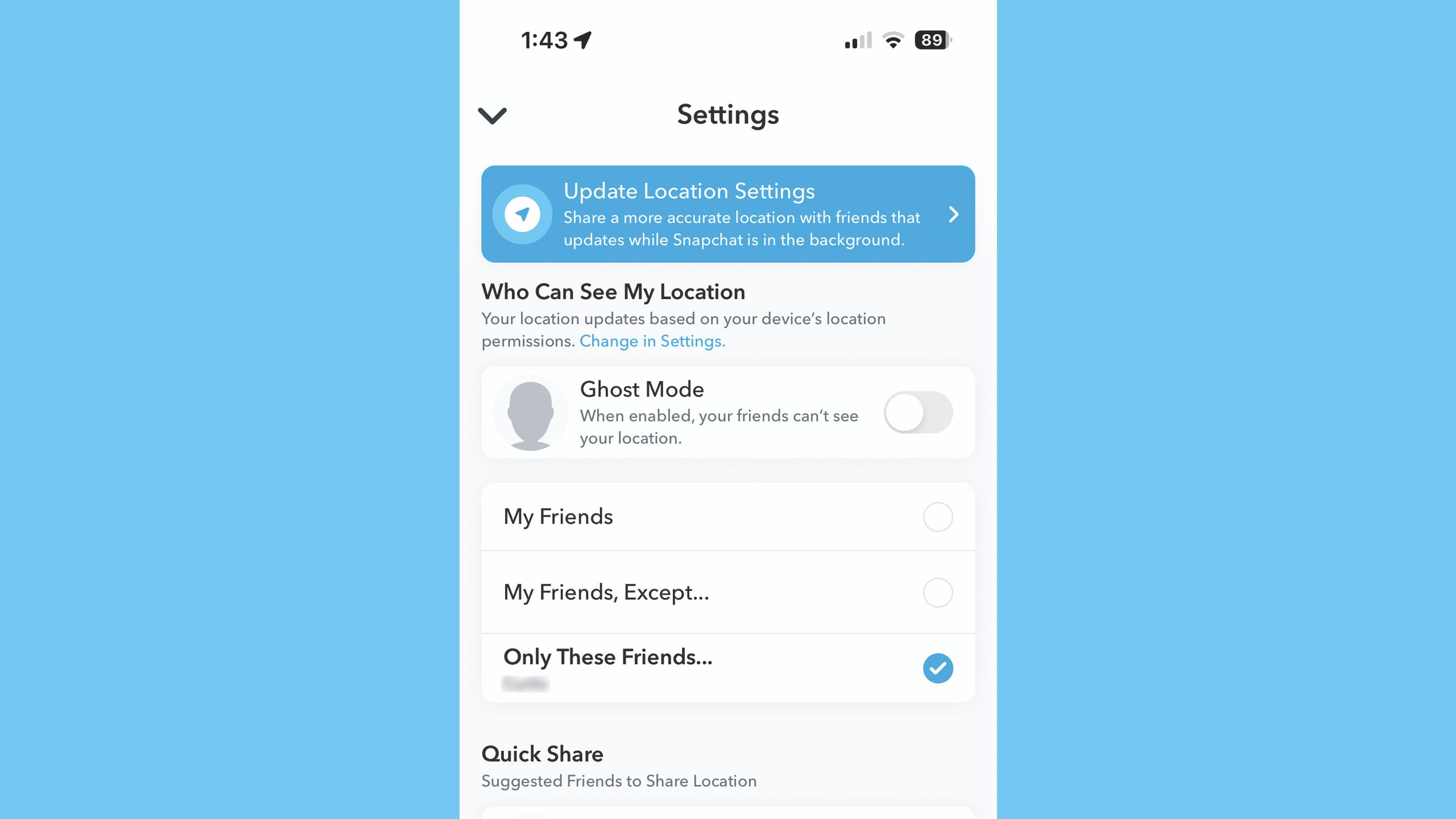 A screenshot of Snapchat's Ghost mode settings