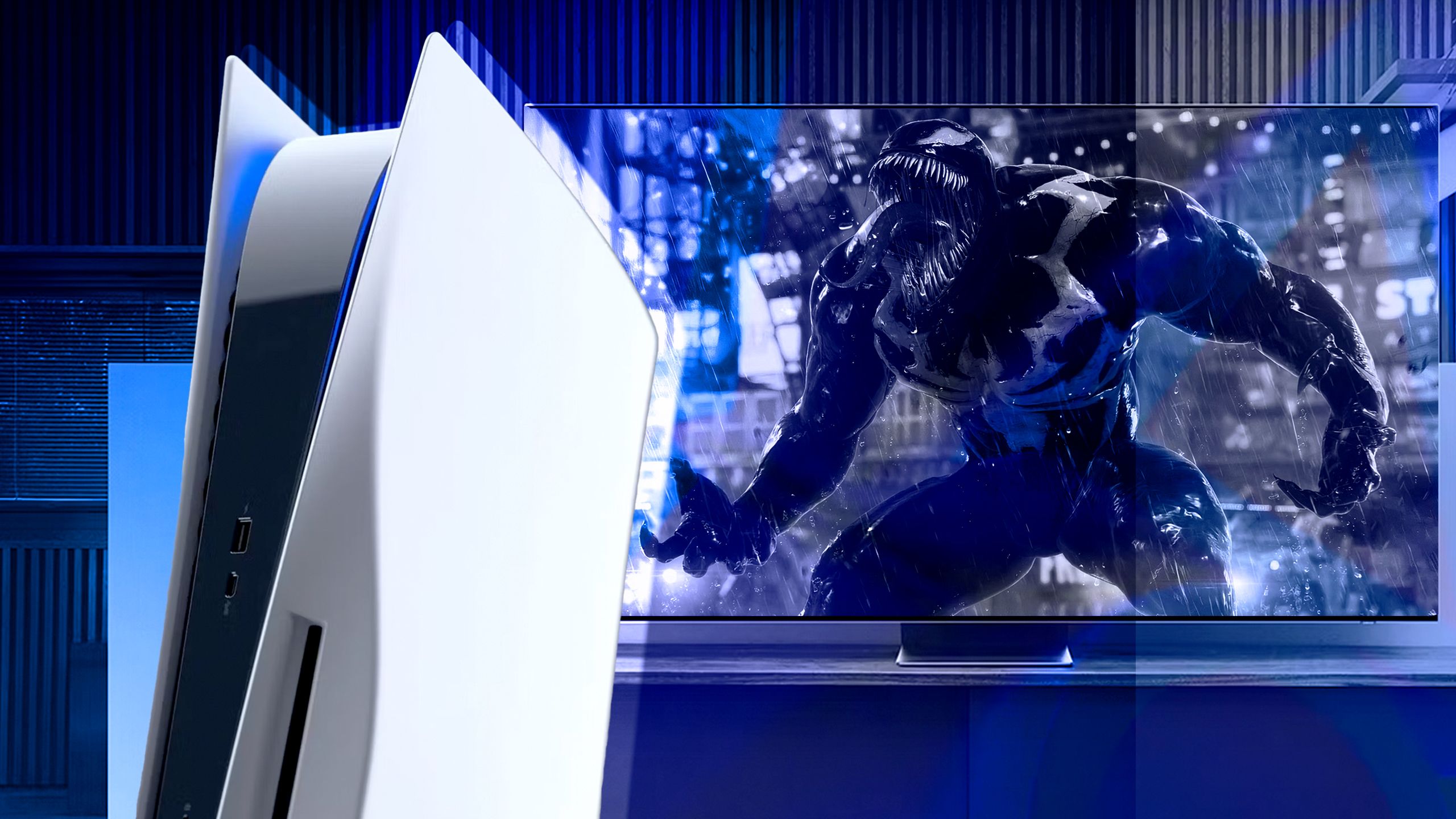 A PS5 console and TV with Venom in the background. 