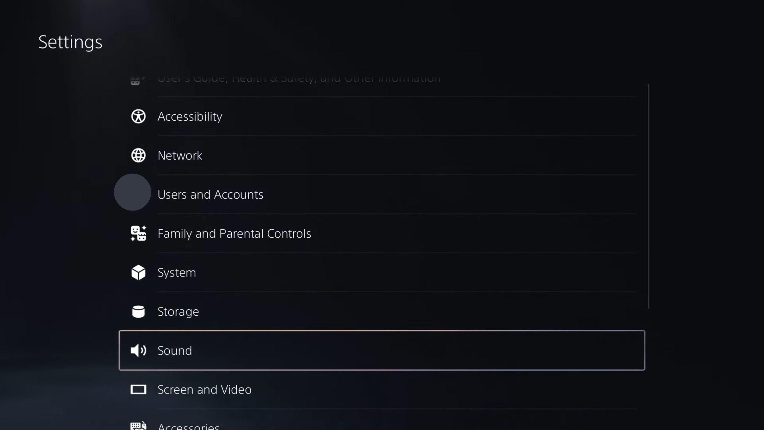 The PS5 settings menu.