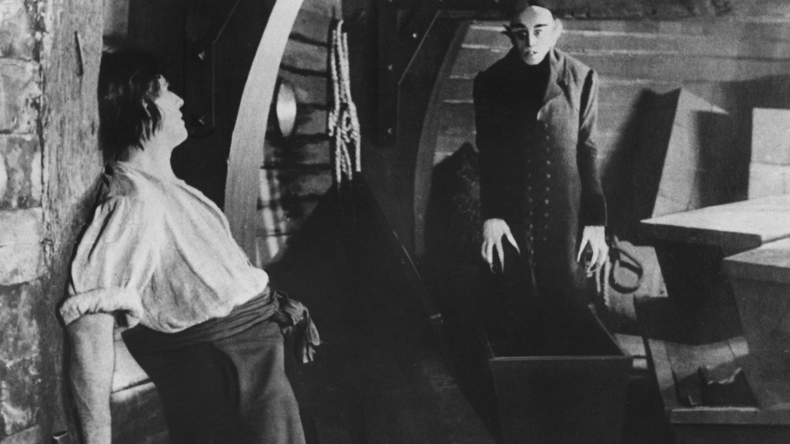 Nosferatu standing in his coffin.