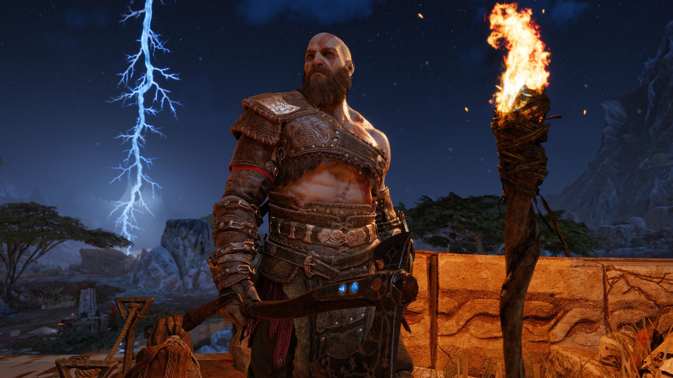 Kratos standing by frozen lightning.