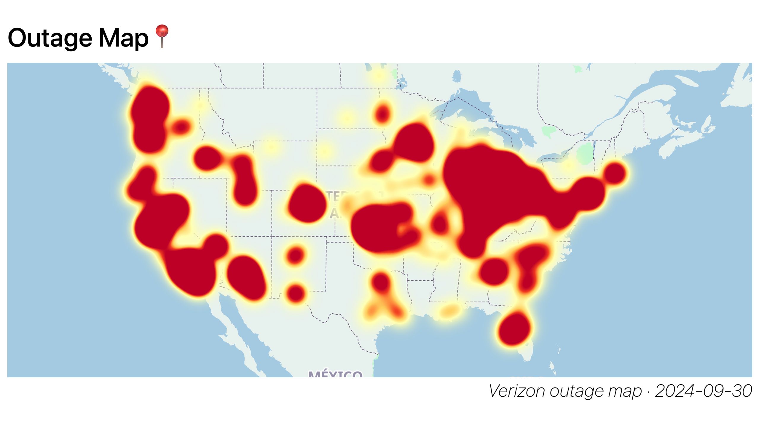 Um mapa dos Estados Unidos com manchas vermelhas com bordas amarelas indicando uma interrupção no serviço da Verizon. 