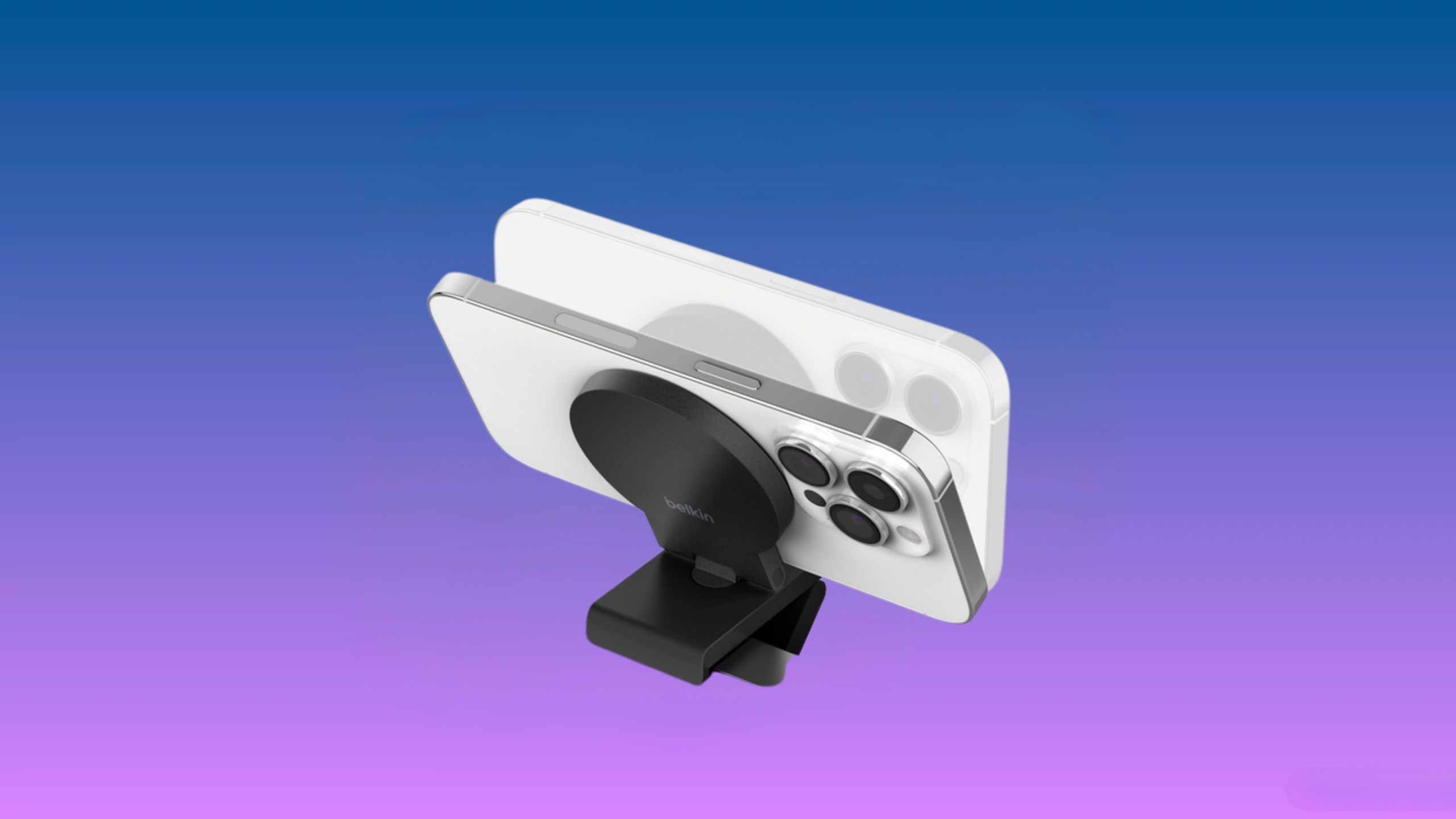 iPhone Mount with MagSafe for Mac Desktops and Displays against a gradient background. 