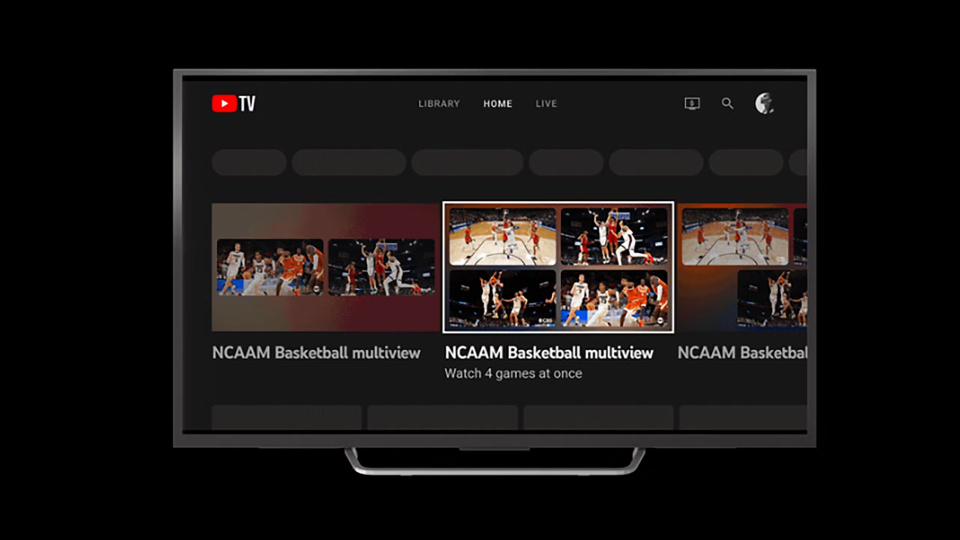 YouTube TV multiview NCAAM basketball selected. 