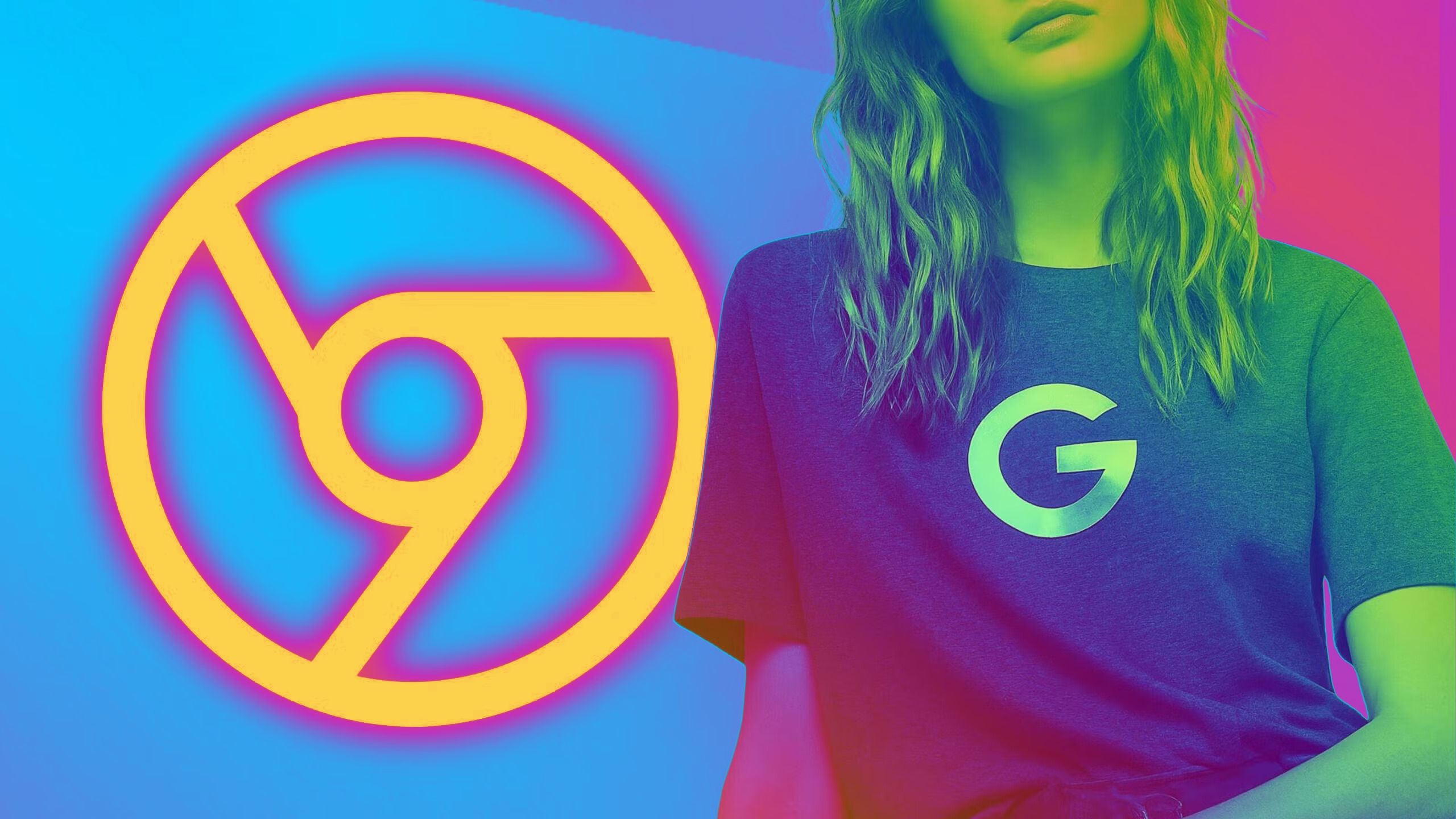 The Google Chrome logo next to a woman with a Google t-shirt on. 