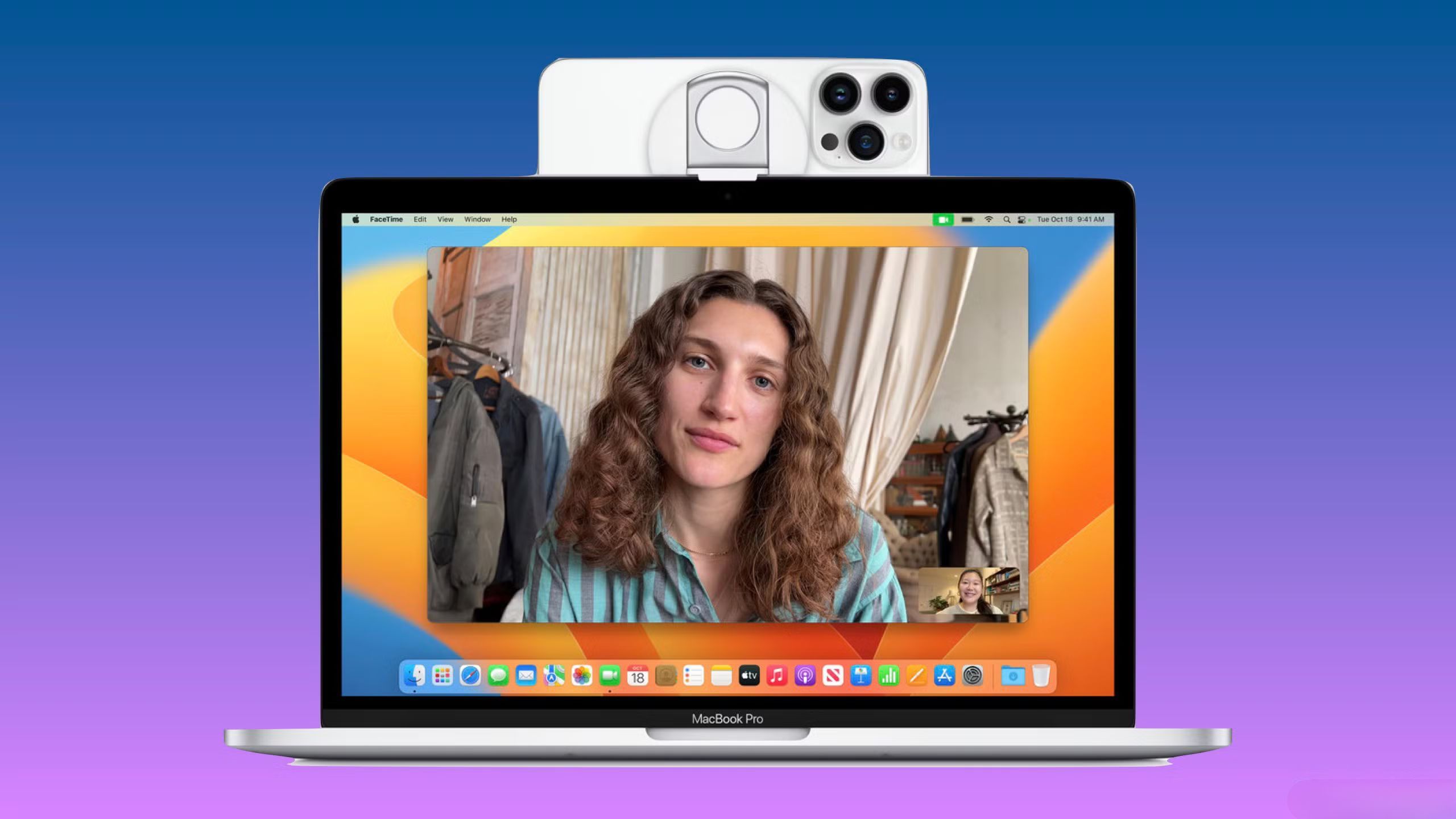 Belkin Mac Laptop Mount with a person on FaceTime. 